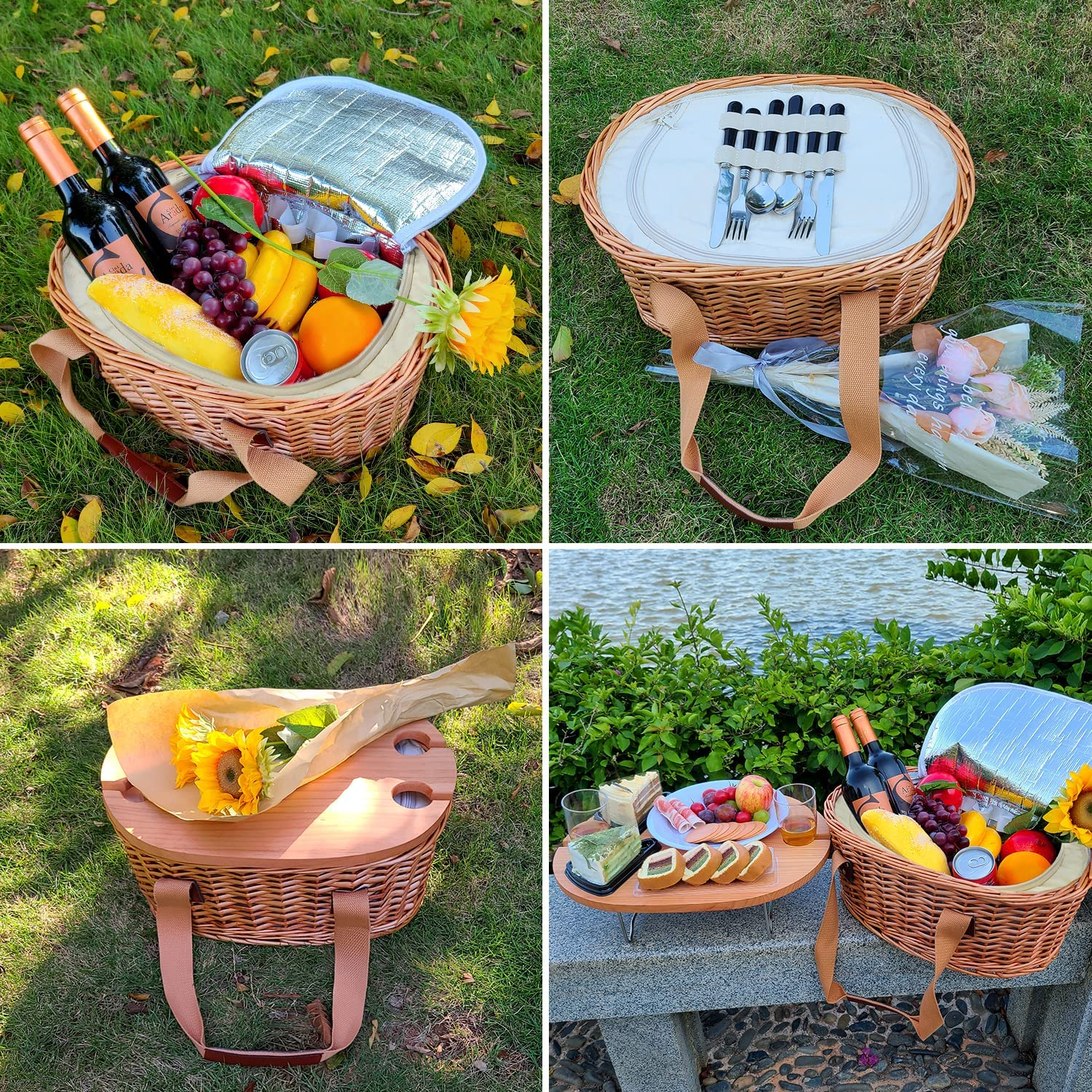 Hap Tim Wicker Picnic Basket Set for 4 with Mini Folding Wine Picnic Table & Large Insulated Cooler Bag & Cutlery Service Kits for 4 Person, Couples Gifts, Wedding Gifts (AU2209-4-CM) image number 3