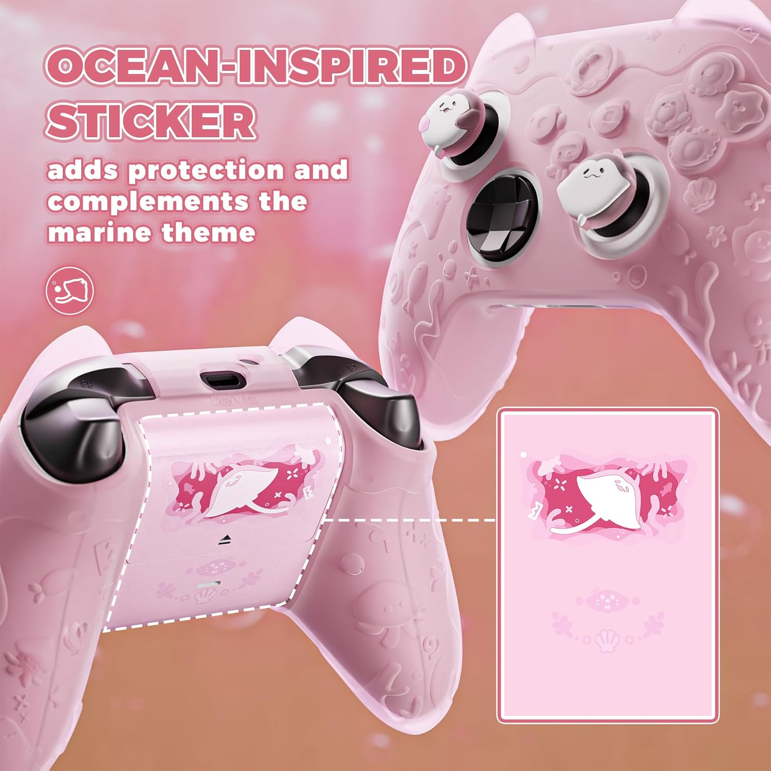 Playvital for Xbox Series X/S Controller Silicone Cover, Cute Ocean Whisper Series Semi-Clear Silicone Skin Grip for Xbox Core Wireles Controller with Thumb Grip & Sticker, Full Protection -Peach Pink - Mint Blue image number 7