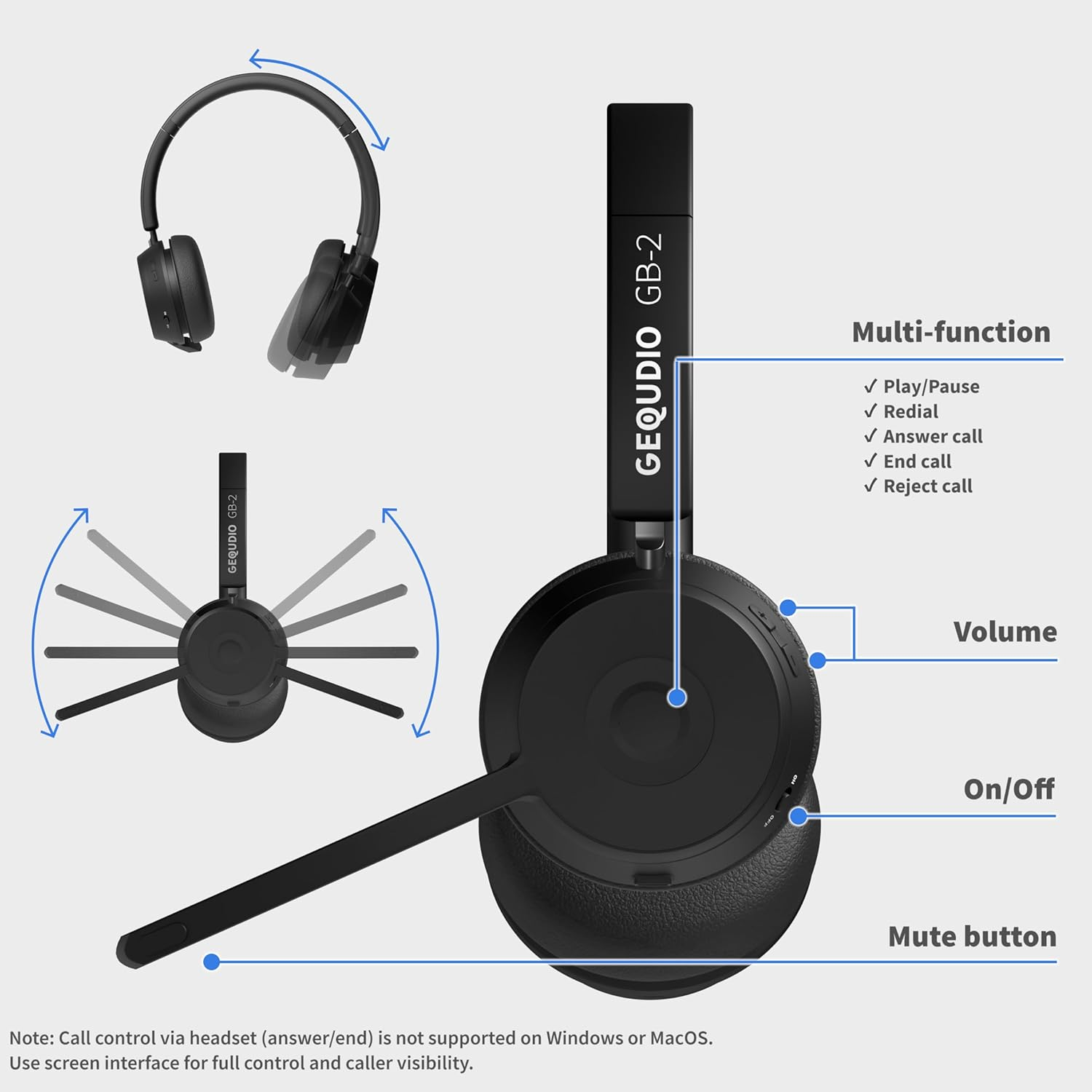 GEQUDIO GB-2 Bluetooth Headset with Microphone, Passive Noise Cancelling, Wireless Headphones, Connect 2 Devices Simultaneously (Smartphone, Mobile Phone, PC) Standby 500H (With USB Adapter, Charger, image number 4