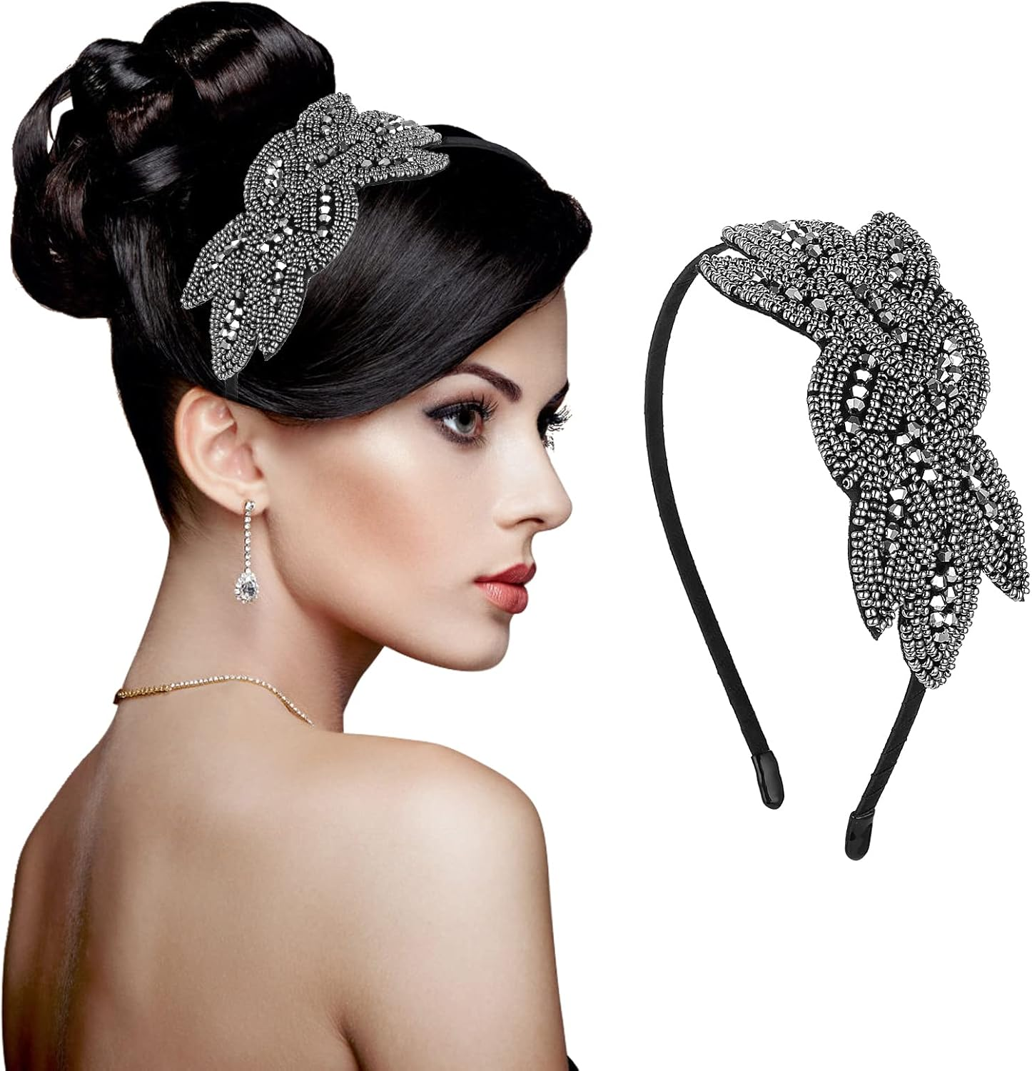 1920S Headbands for Women Head Bands Accessories Crystal Bridal Wedding Black Headpiece 20S Rhinestone Flapper Vintage Hair Valentines Accessory for Girls Costume Prom Party Art Deco (White Gold)