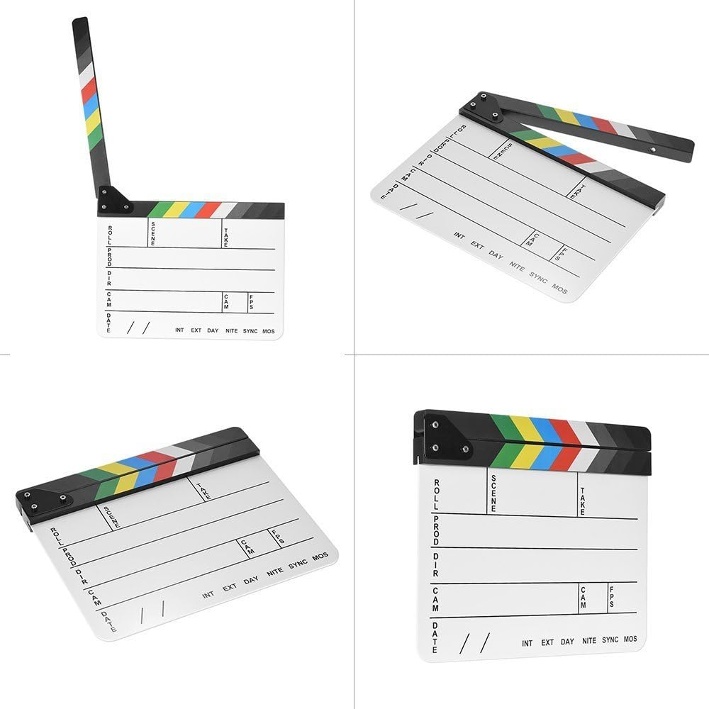 Professional Studio Camera Photography Video Acrylic Clapboard Dry Erase Director Film Movie Clapper Board Slate with Color Sticks(9.6X11.7 /25X30Cm) White image number 1