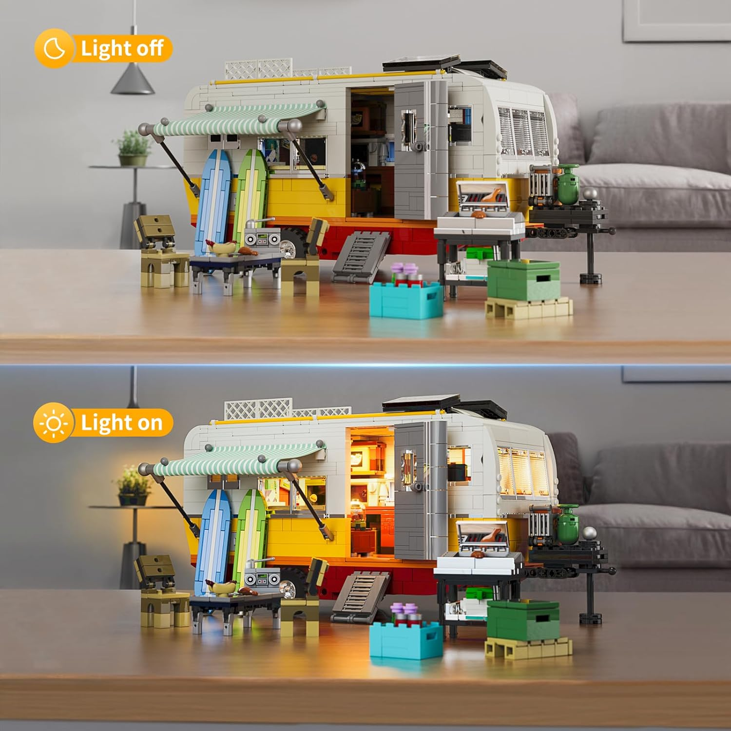 FUNWHOLE Travel Trailer Lighting Building-Bricks Set - Classic Camper Van for Beach 1325 Pcs Creator Vehicle Kit for Adult and Teens image number 2