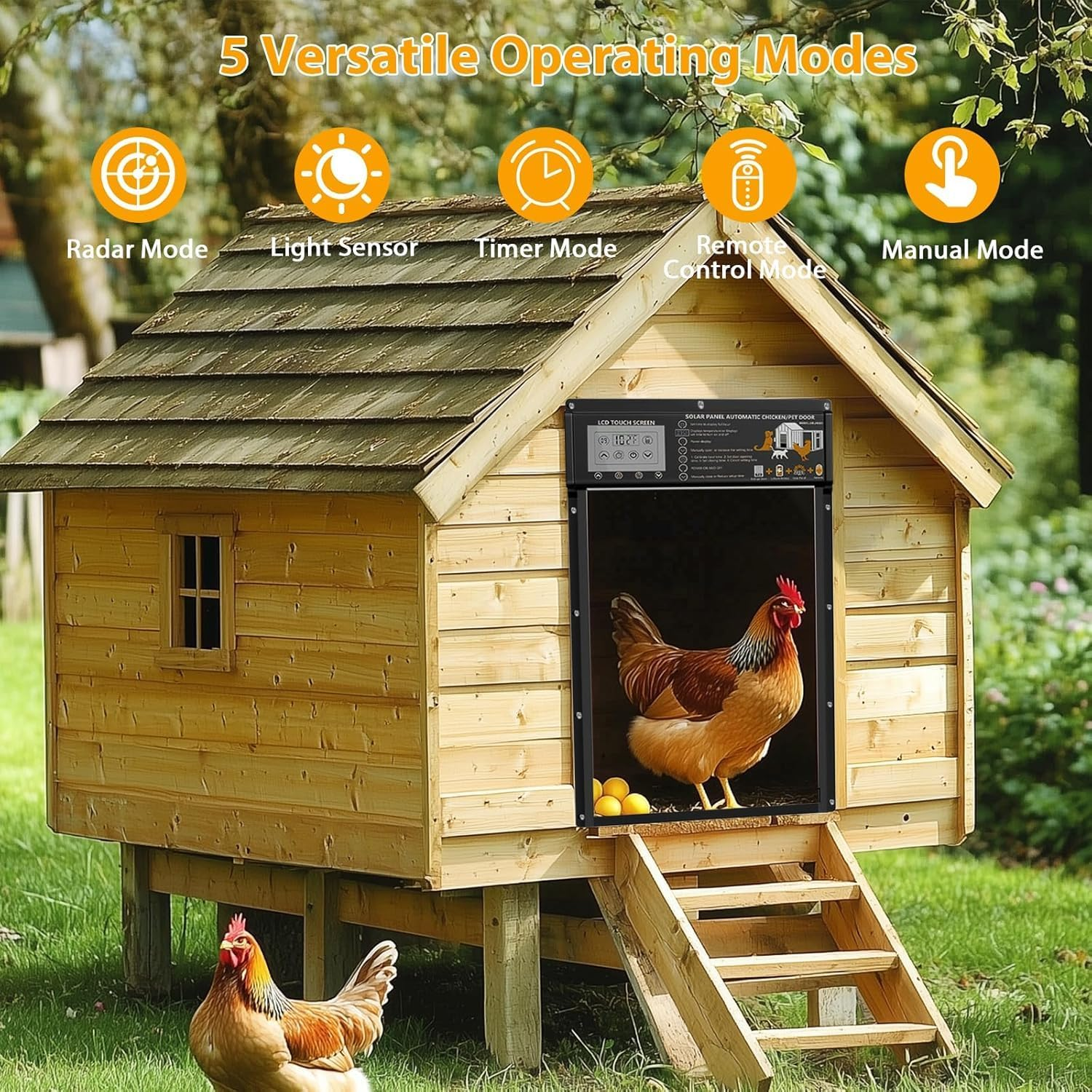 Vuebee Solar Automatic Chicken Coop Door with Timer, Light & Motion Sensor, LCD Touchscreen, Remote Control &ndash; Weatherproof Chook Door for Ducks, Rabbits, Poultry (13.4" X 10" Opening) image number 5