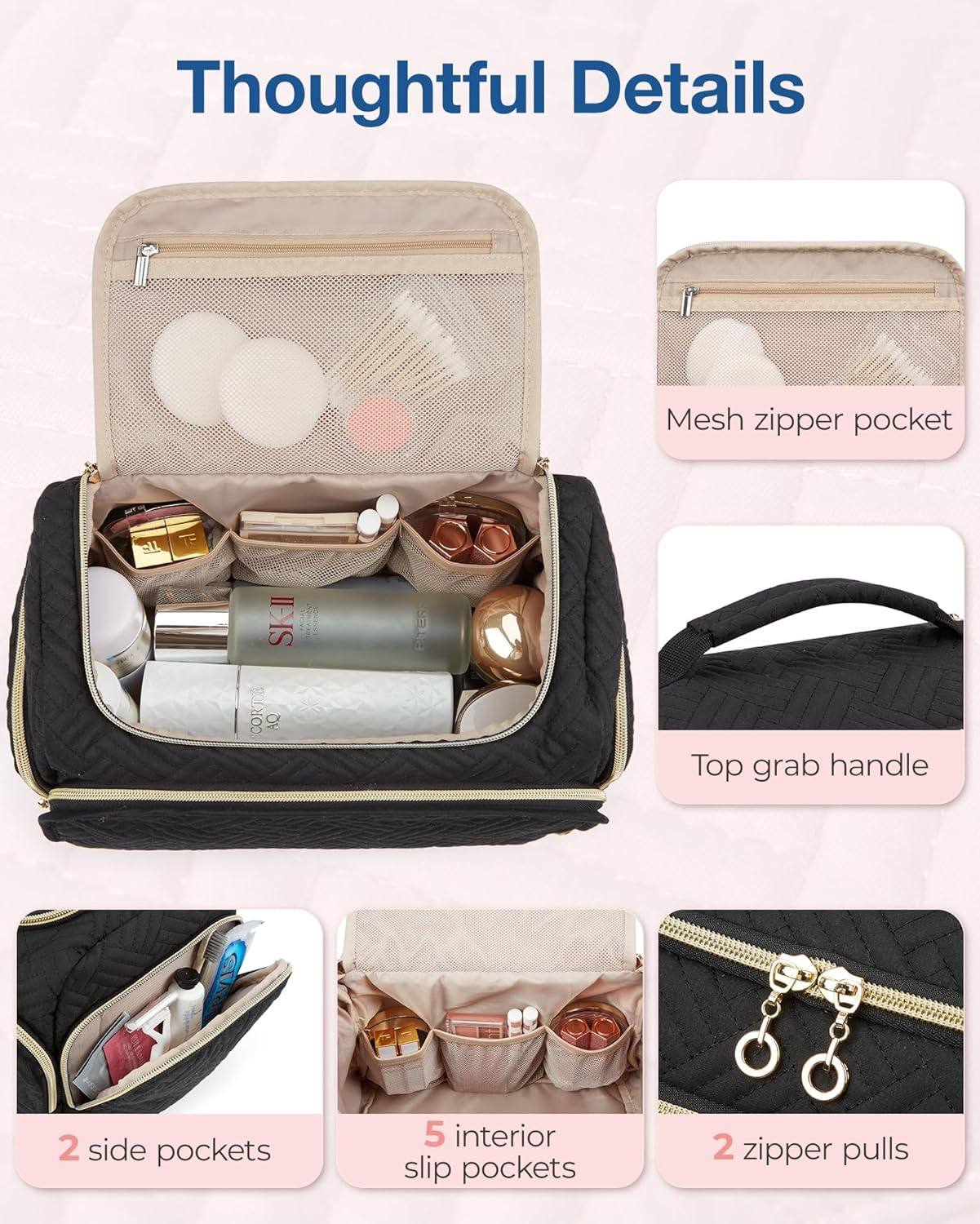 BAGSMART Travel Toiletry Bag, Large Wide-Open Travel Bag for Toiletries, Makeup Cosmetic Travel Bag with Handle,Black-M image number 7