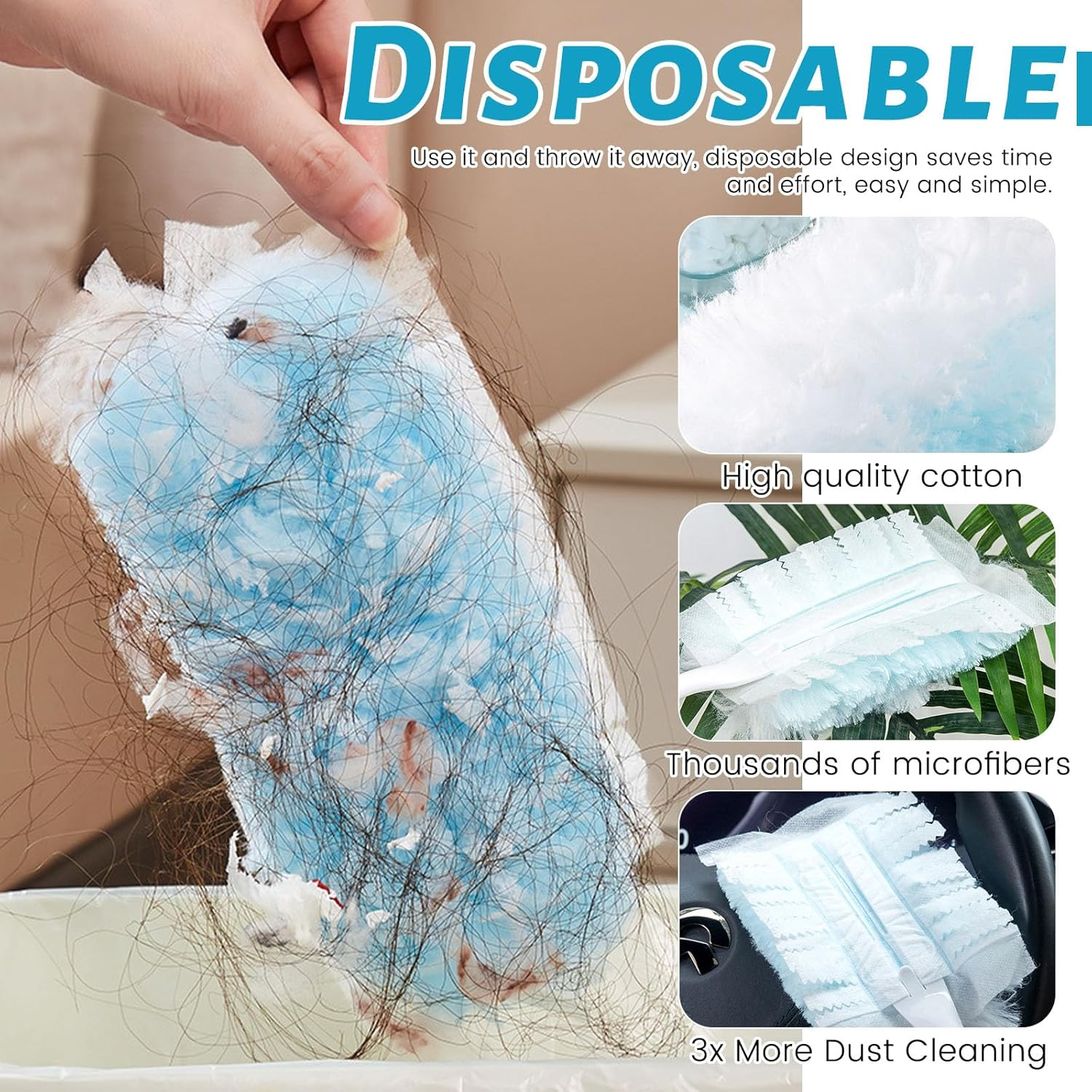 100PCS Duster Refills, 180&deg;Duster Pads with Dusters Handle, Disposable Dusters, Cleaning Supplies for Housekeeping, Dusting Tools image number 6