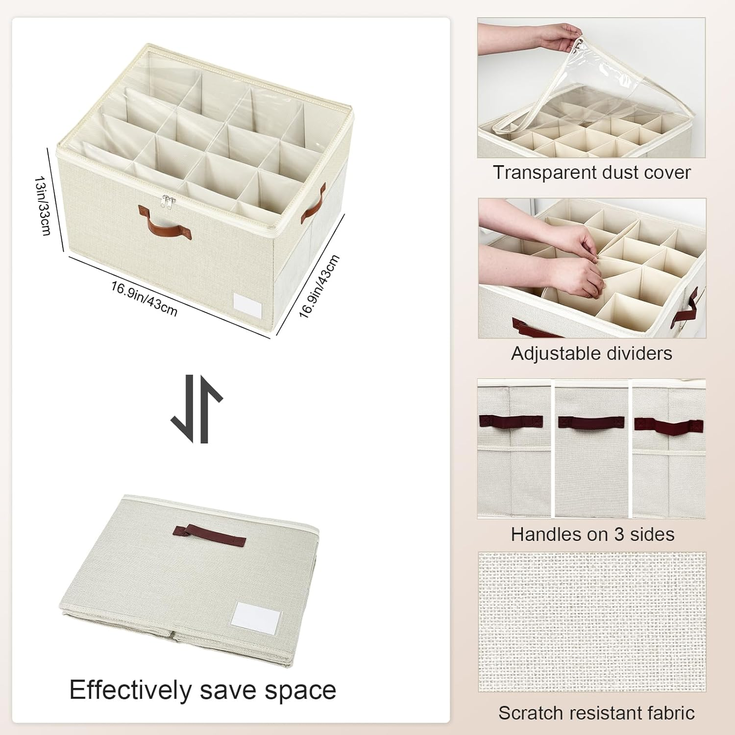 VERONLY Shoe Organiser for Closet Fits 16 Pairs, Adjustable Dividers Shoe Storage Bins Boxes, Foldable Shoe Holder Cube Containers with Clear Cover for Large Shoes, High Heels, Sneaker, Boots (Beige) image number 5