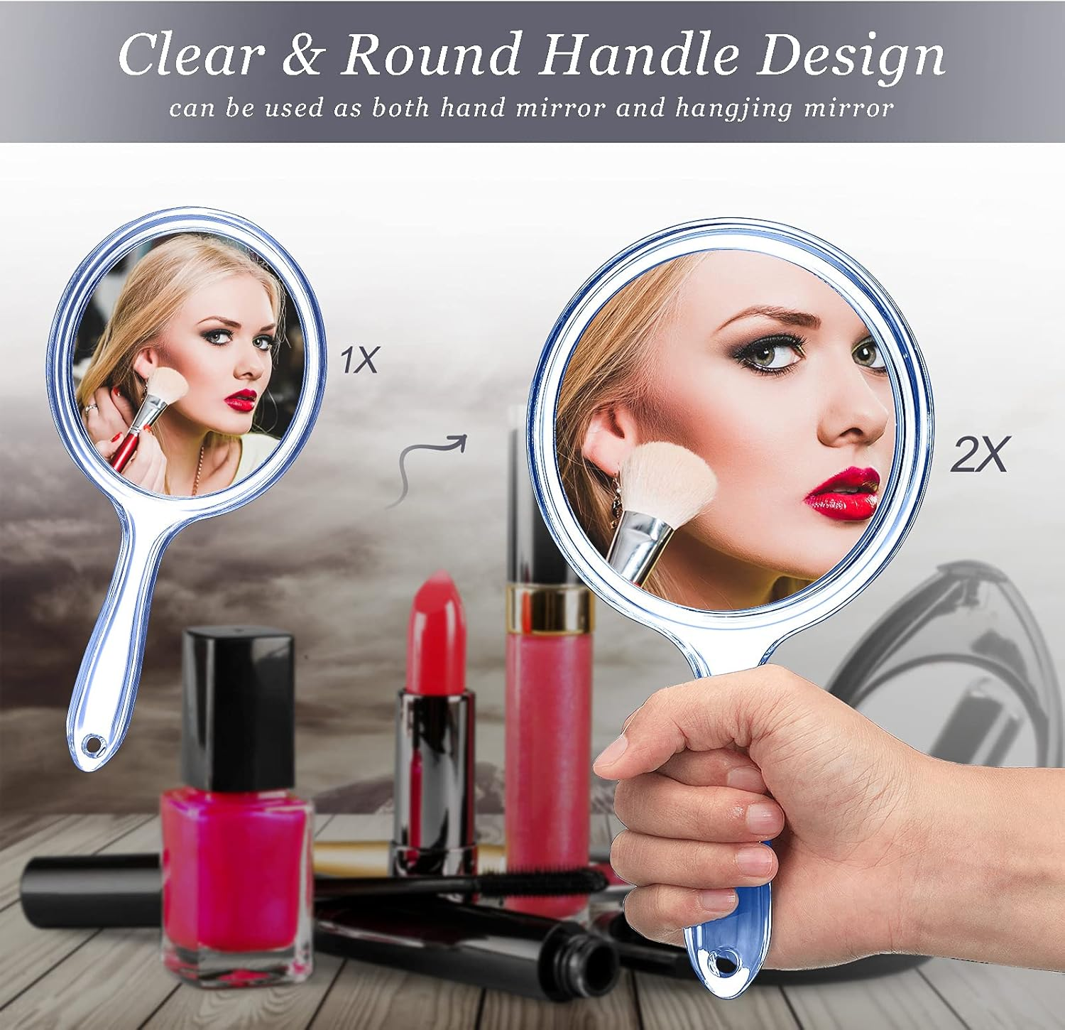 Jetec Double Sided Handheld Mirror - 1X/ 2X Magnifying Mirror with Handle - Rounded Shape Makeup Mirror (Blue) - Clear image number 5