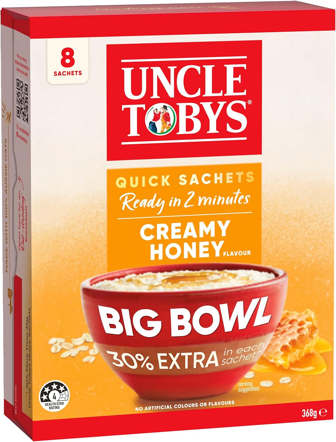 UNCLE TOBYS Oats Quick Sachets Honey, Big Bowl 30 Percent Extra, 8 Sachets image number 1