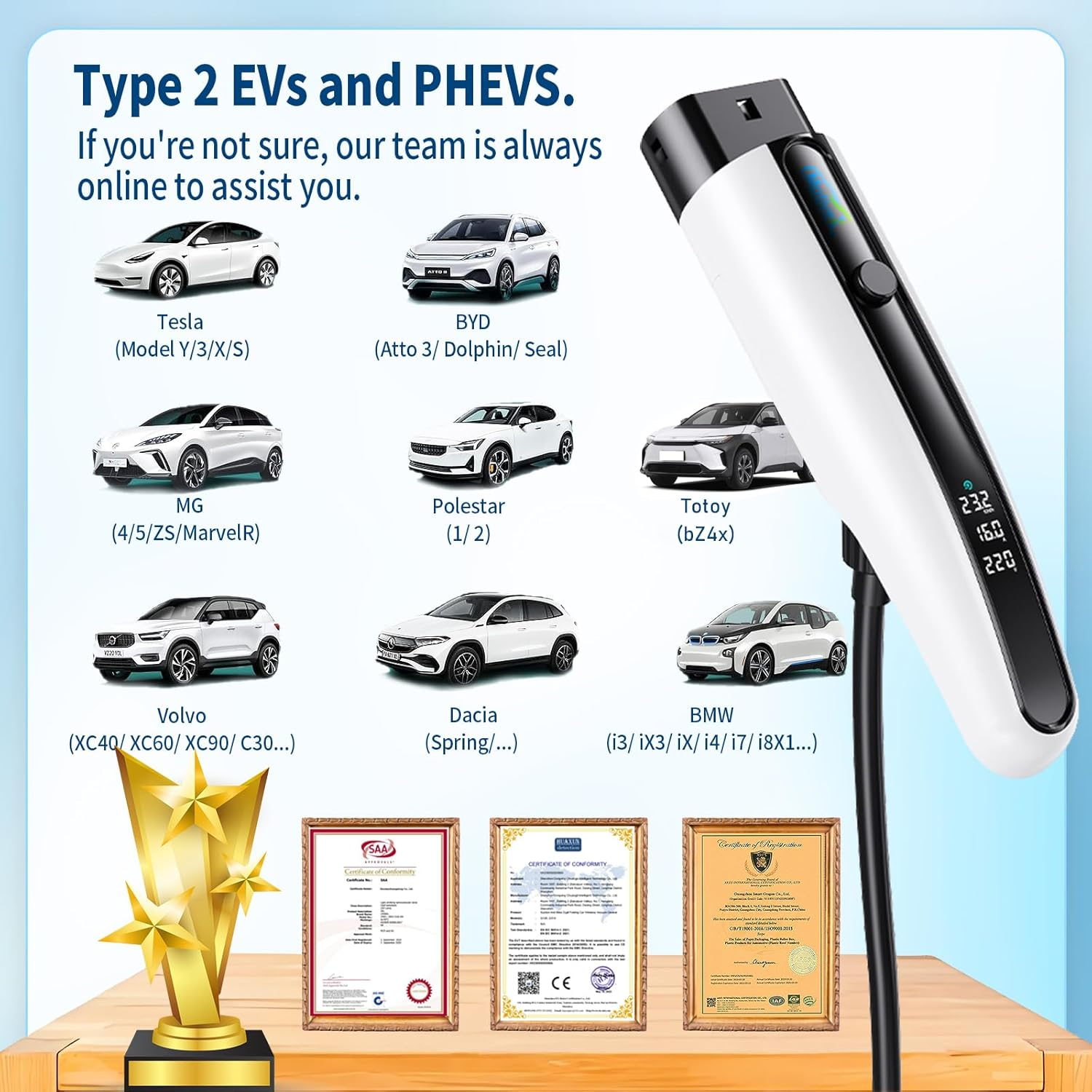 Type 2 EV Charger, 3.5KW, 5M Cable, Adjustable Current (8A-16A), Compatible with Tesla, BYD, MG, Volvo, Polestar and More (5M) image number 2