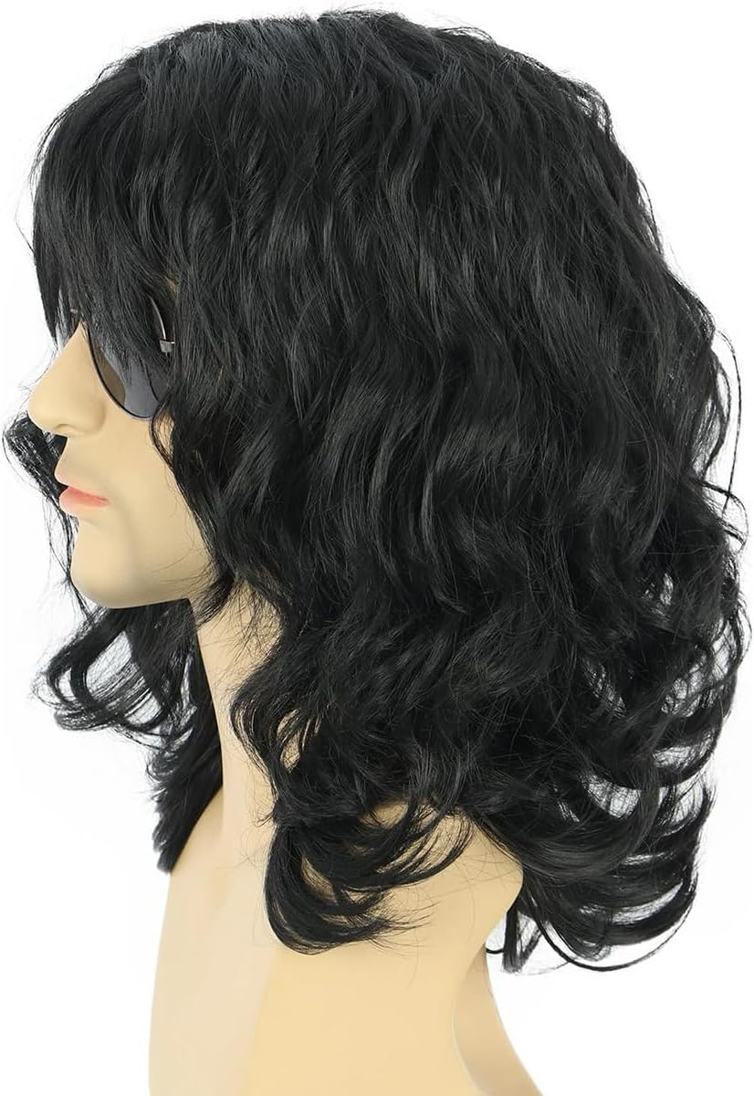AIMALL 70S 80S Rock Style Men'S Wig &ndash; 13.5In Medium Long Black Curly Synthetic Fibre Costume Wig for Cosplay, Disco Party, Halloween, Retro Rocker Look image number 2
