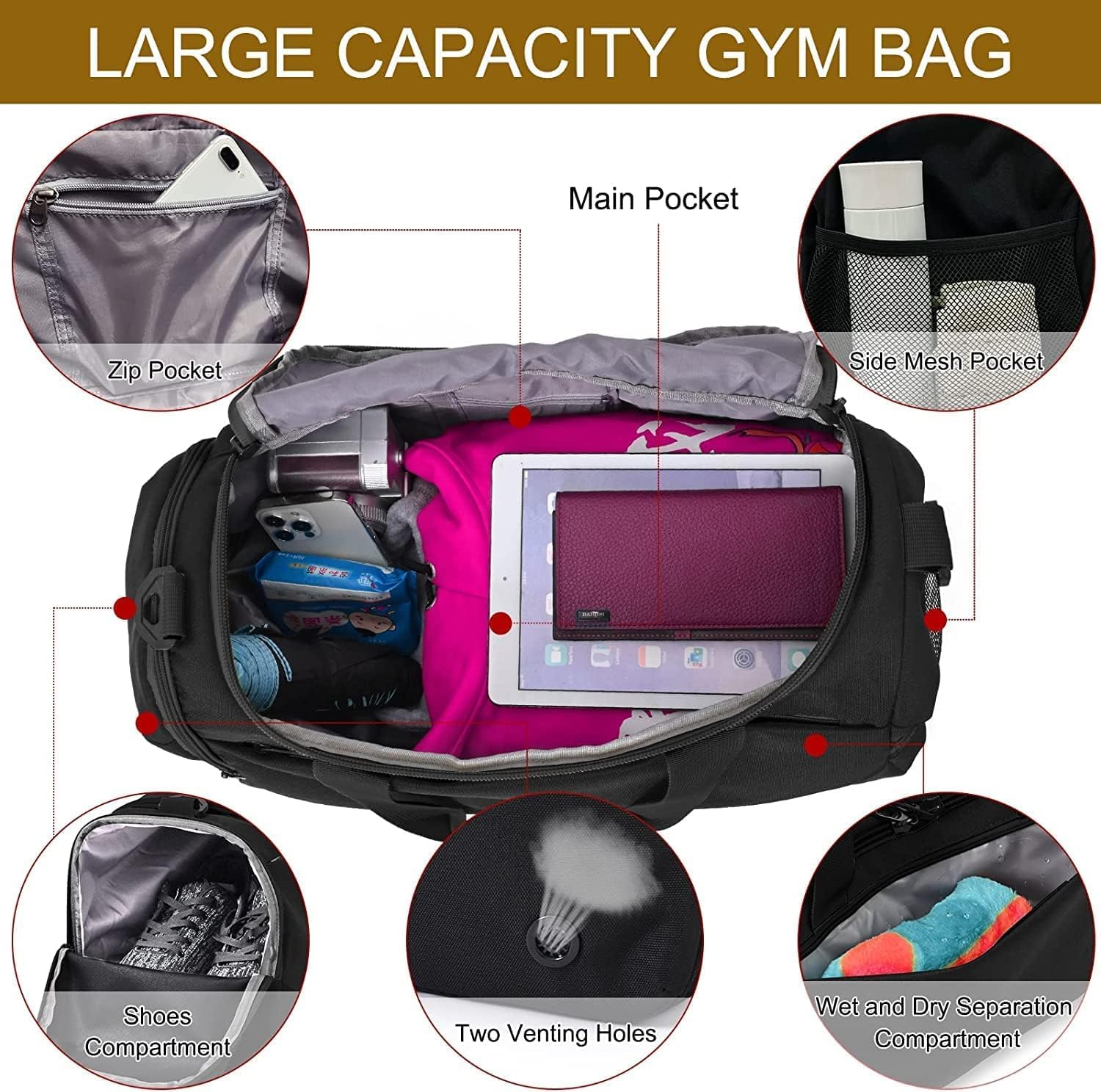 FALAZAR Sport Duffle Bag for Men Women 40L Waterproof Travel Duffel Bag with Shoes Compartment Lightweight Gym Bag with Wet Pocket Weekender Overnight Bags,Black image number 4