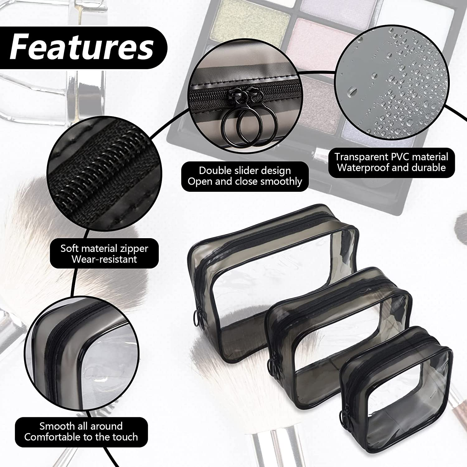 Set of 3 Clear Cosmetic Bags, Double Zipper Sliders Clear Travel Makeup Bags, Water Resistant Toiletry Bags, Portable Clear Pouches, Transparent Travel Pouch Bags (White) image number 2