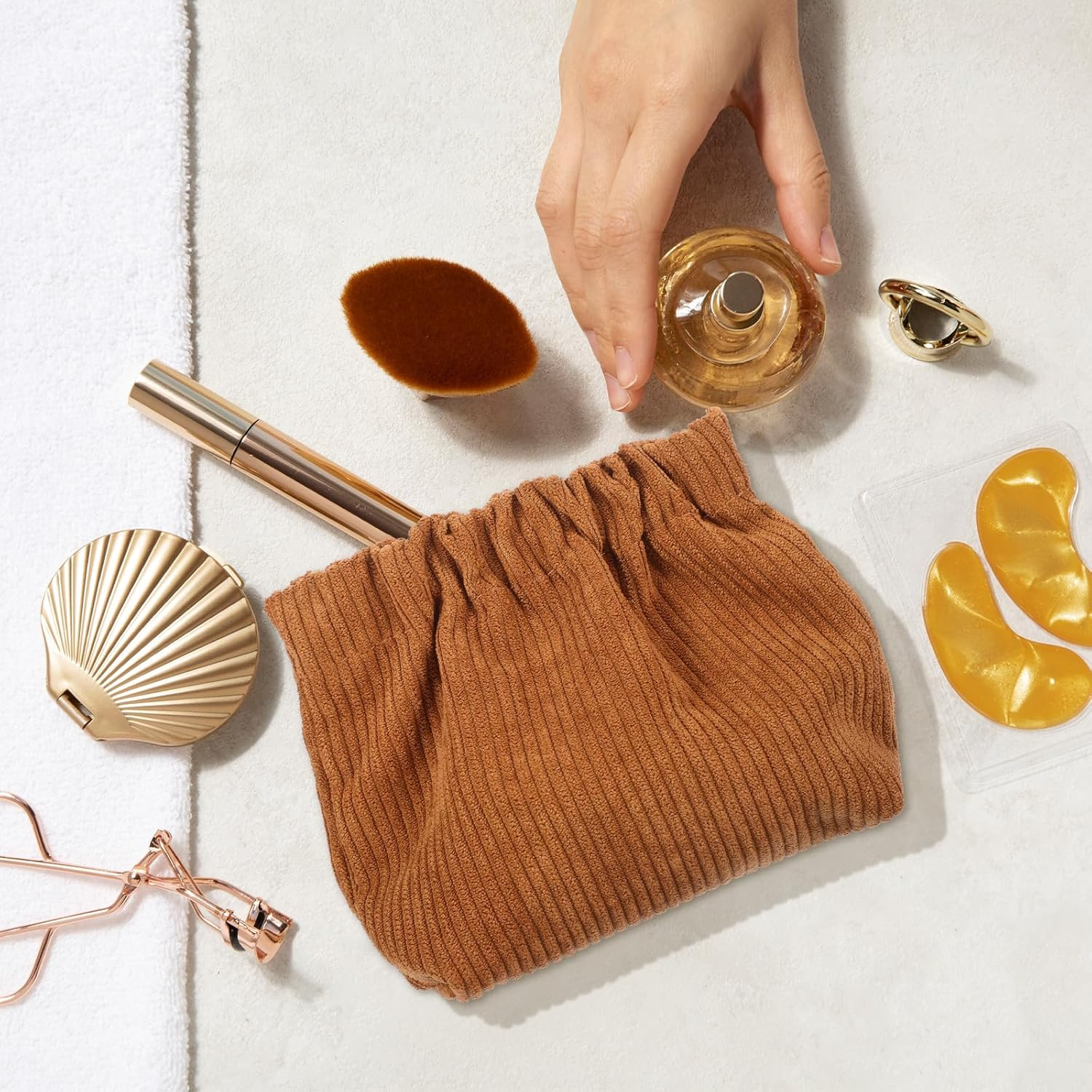 HAMPPLIES Corduroy Makeup Bag 6 Pcs Elastic Storage Pouch Jewelry Organizer Portable Cosmetic Bag for Women Travel Daily Use image number 3