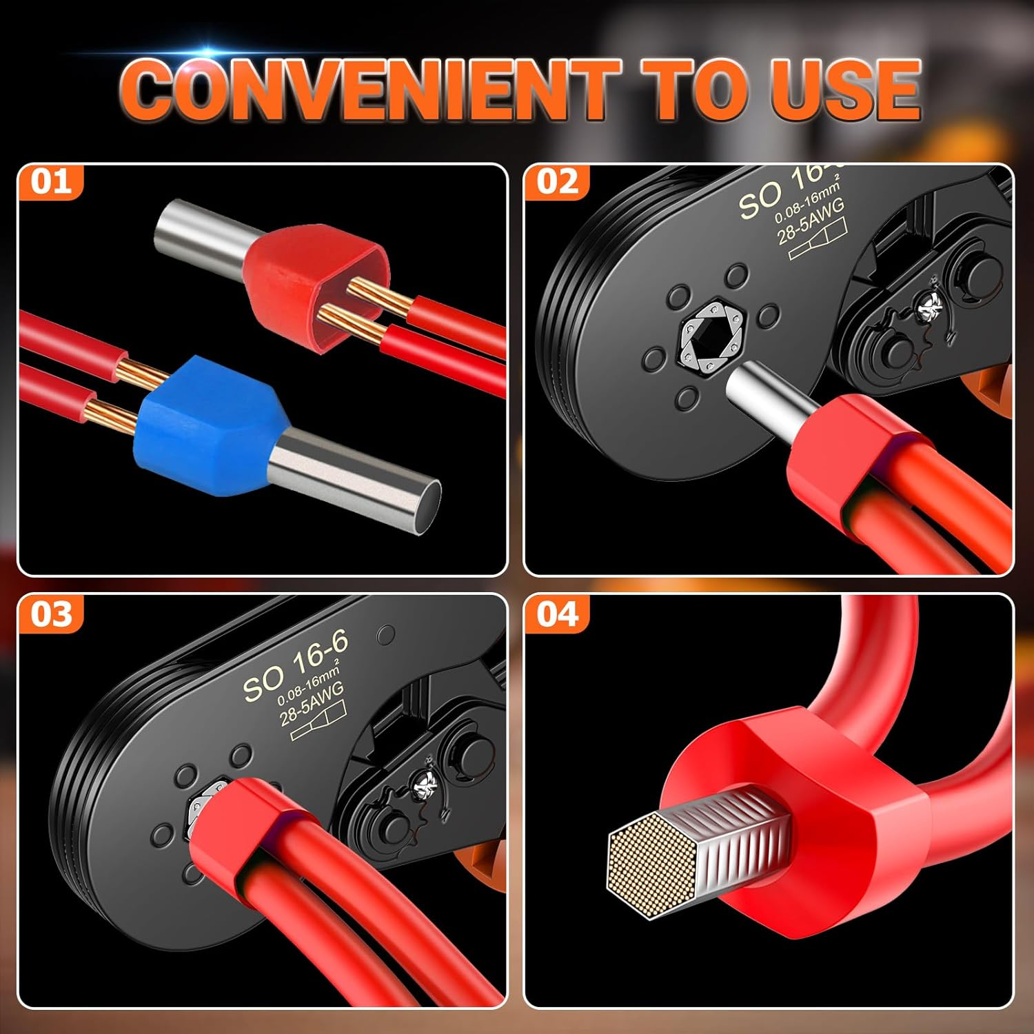 Ferrule Crimping Tool Kit, Preciva Upgrade Double & Single Ferrules Connectors,16-6 Hexagonal Ratchet Jaw Wire Crimping Pliers AWG 28-5 (0.08-16Mm&sup2;) with 1200PCS Terminal Connector Sleeves, CP94120 image number 2
