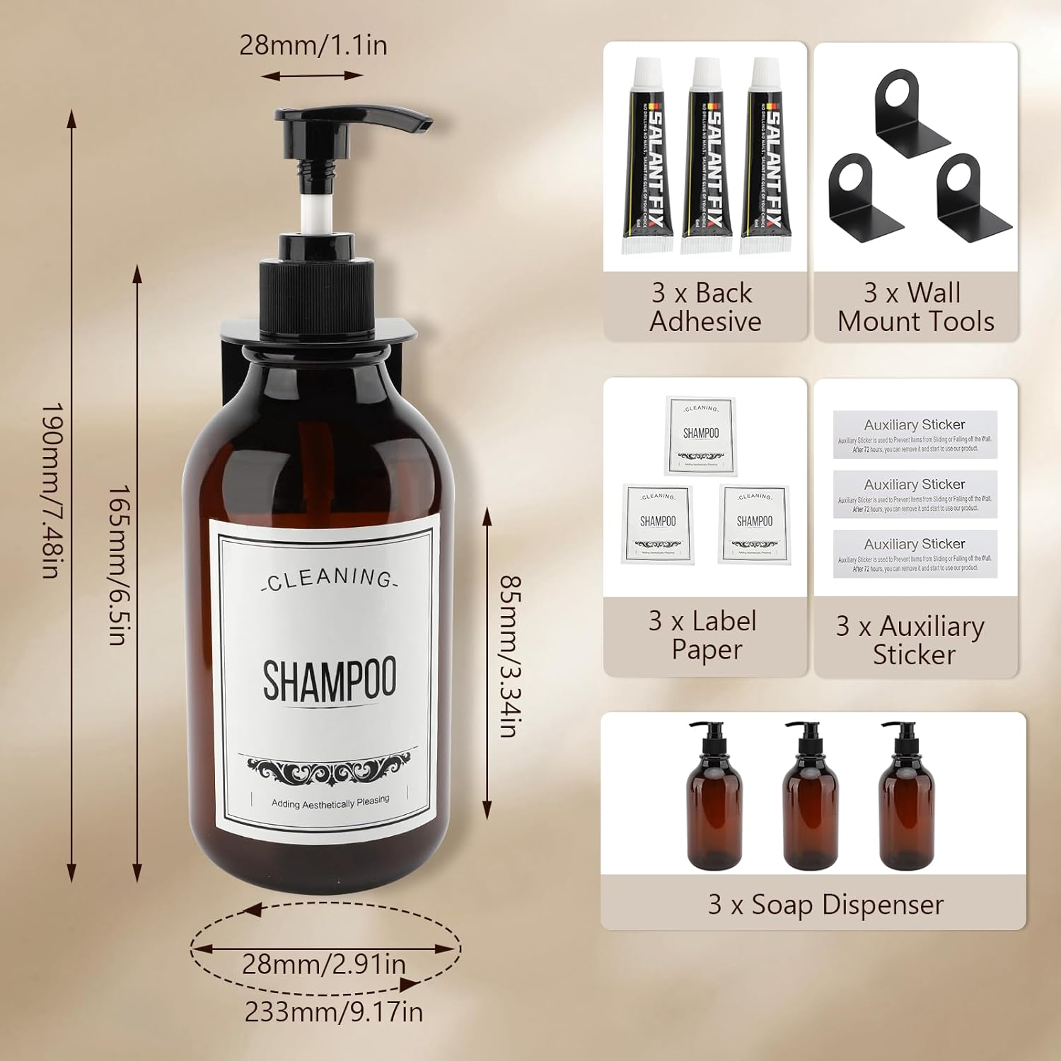 3PCS 16.9Oz Wall-Mounted Shampoo Dispenser, No Drill Bathroom Shower Soap Dispenser, Shampoo and Conditioner Dispenser with Waterproof Labels, for Home Bathroom image number 4