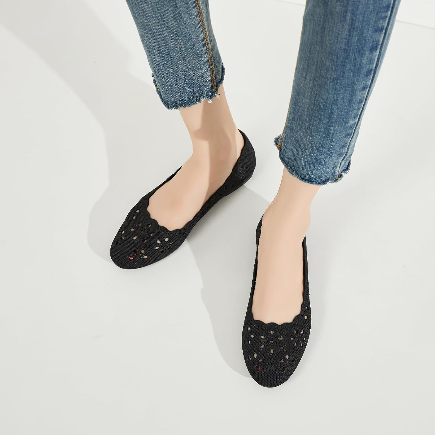 BABUDOG Knit Ballet Flats Shoes for Women,Womens Flats Dressy Comfortable,Women&rsquo;S Dress Shoes with Flower Eyelets,Slip on Casual Walking Flats image number 4