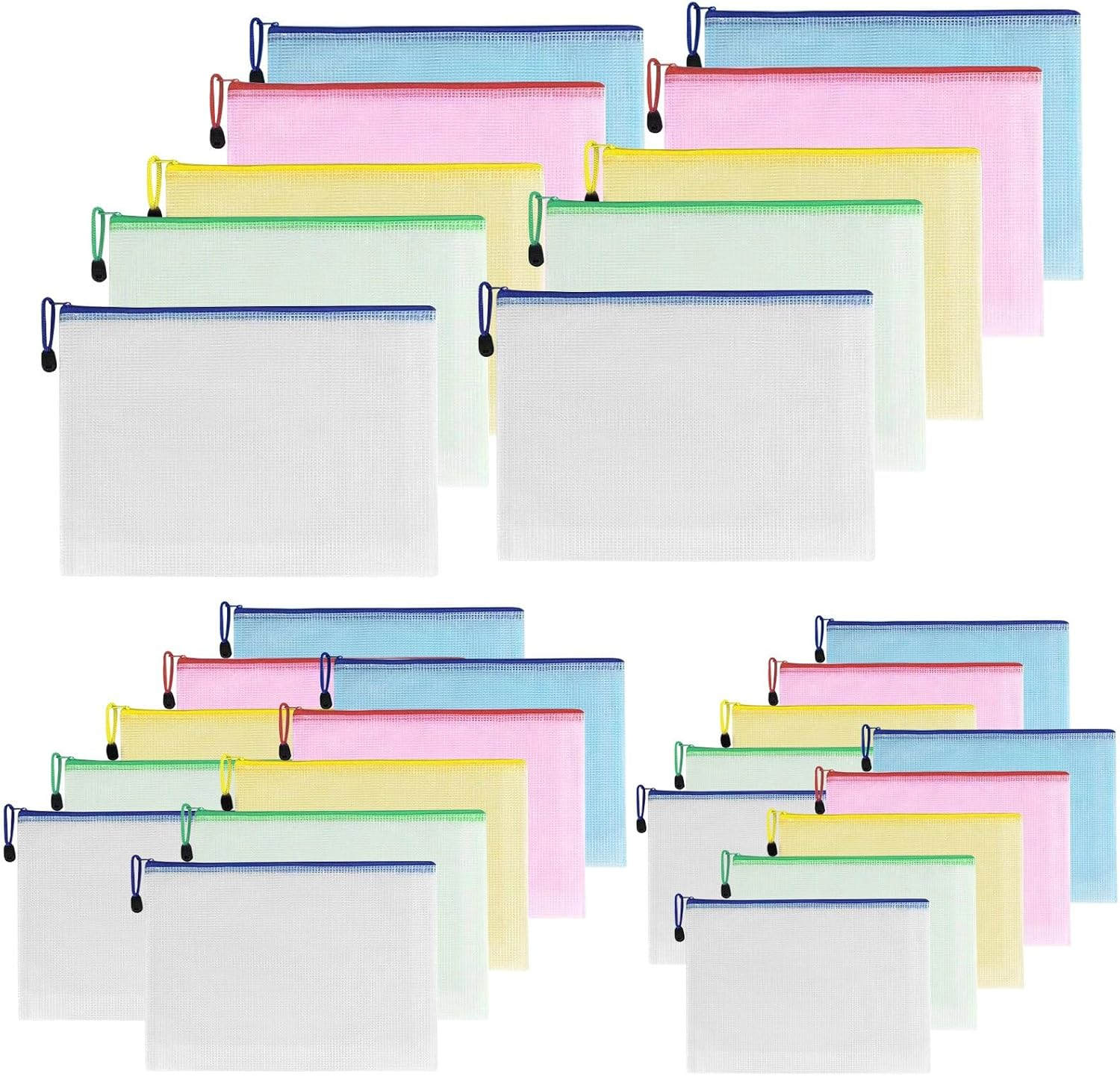 30 Mesh Zipper Bags, 3 Sizes, 5 Colors, Waterproof Plastic Zipper Bags for Office, School, Game File Storage image number 1