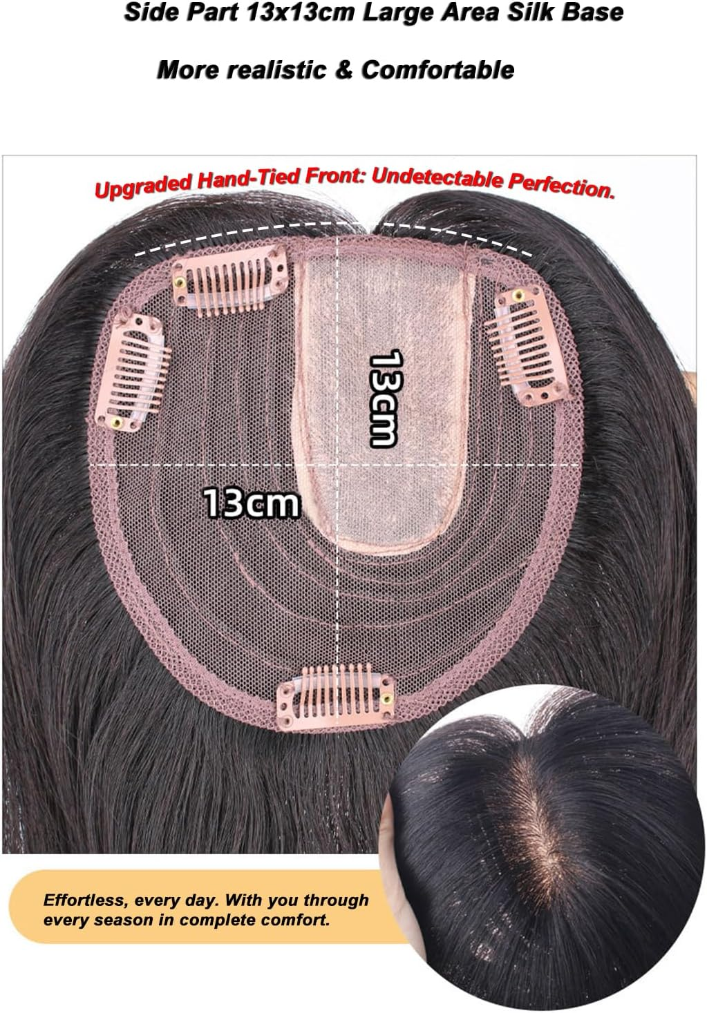 ICRAB Side Part Natural Hair Topper Wig Pieces Human Hair 13X14Cm Silk Base Crown Topper Clip in Hairpiece Large Coverage Wiglets Hairpieces for Thinning Hair Loss Natural Black,Left Part 12 Inch image number 2