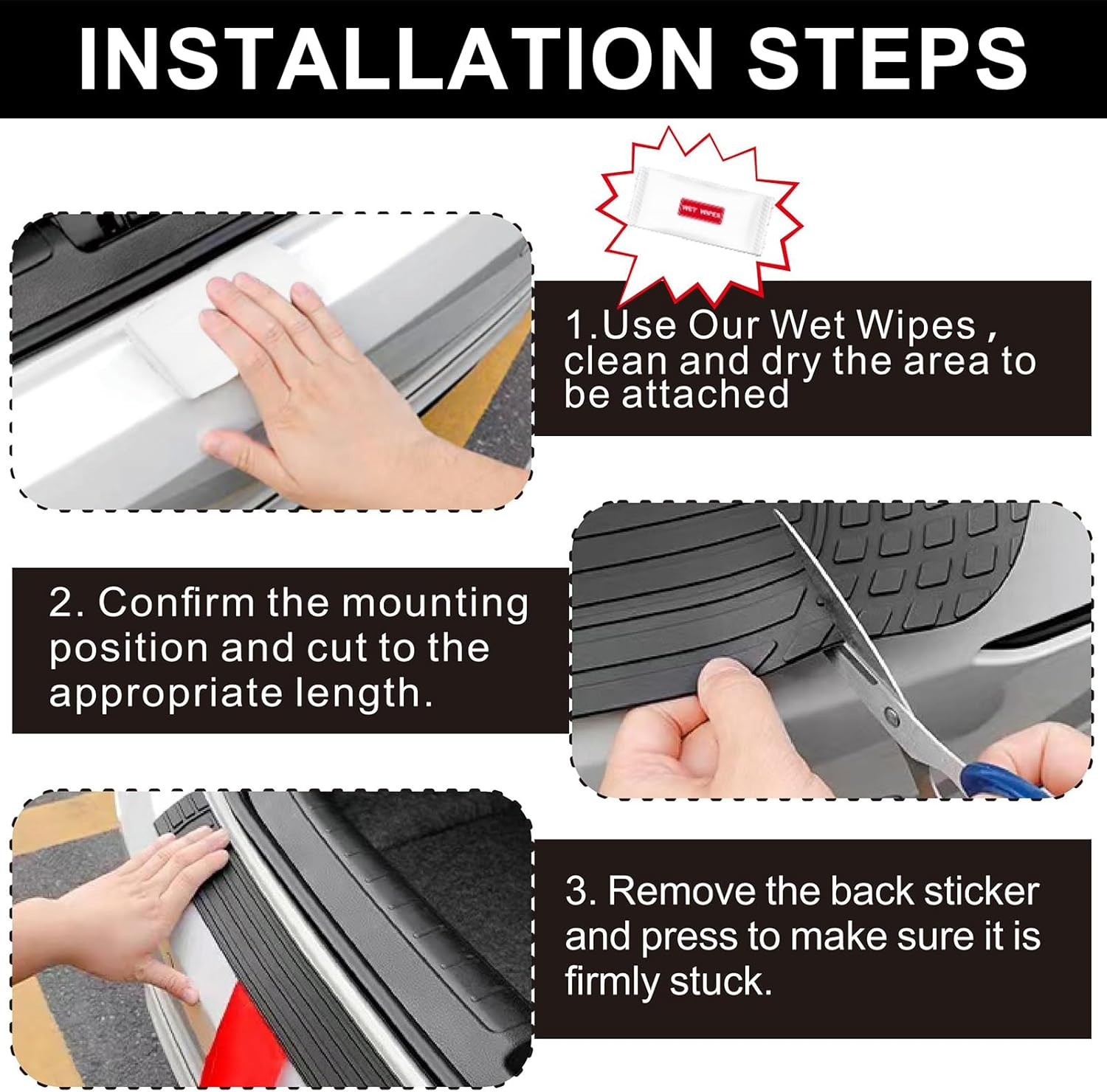 Car Rear Bumper Protector, 41 X 3.4 Inch Anti-Scratch Rubber Rear Bumper Guard, Universal Non-Slip Trunk Exterior Accessories for SUV & Trucks, Easy No-Drill Installation, with Wet Wipes