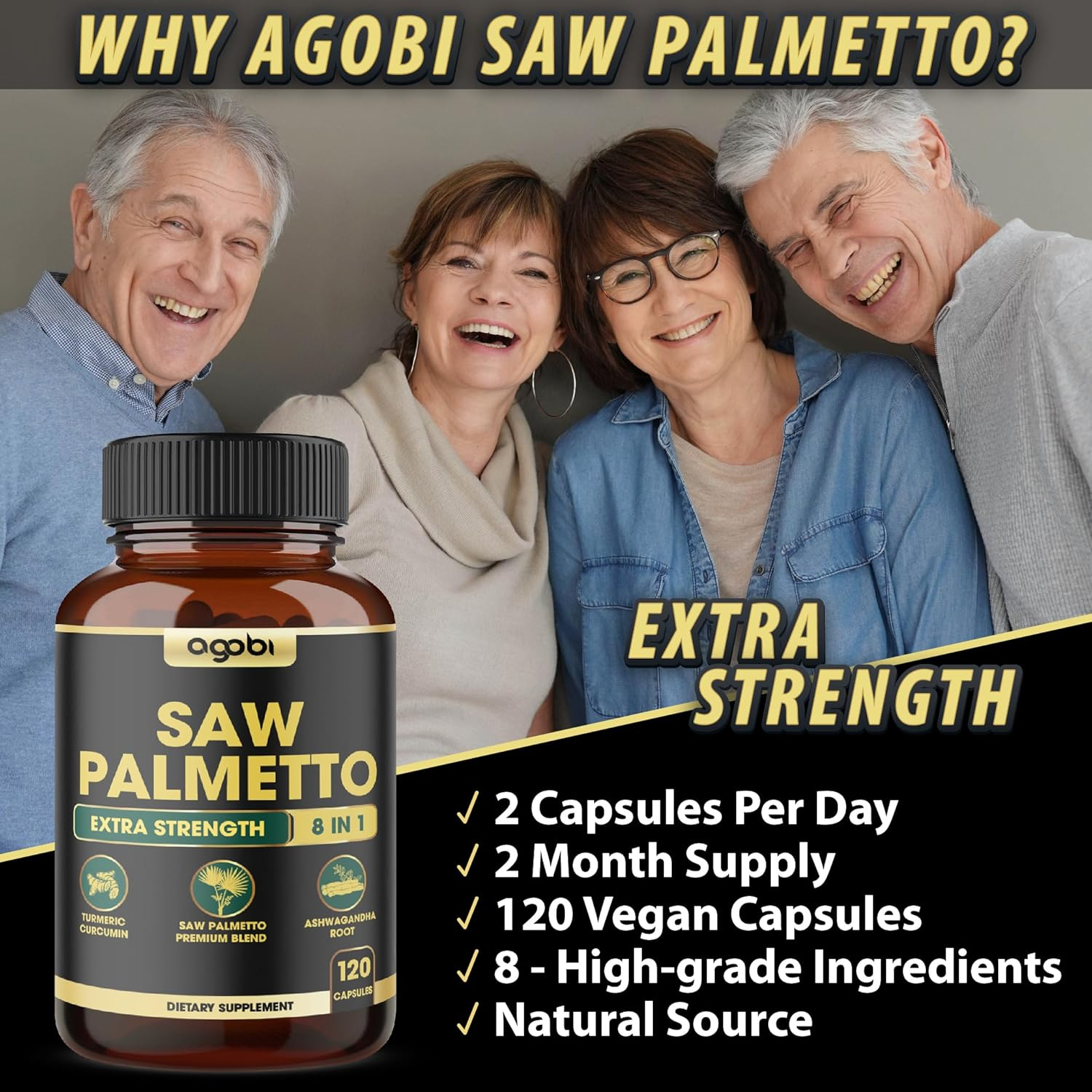8In1 Saw Palmetto Prostate Support Supplement - Equivalent to 4650Mg - Combined with Ashwagandha, Turmeric Curcumin, Ginger, Nettle Leaf, Holy Basil & More - 120 Vegan Capsules for 2 Months