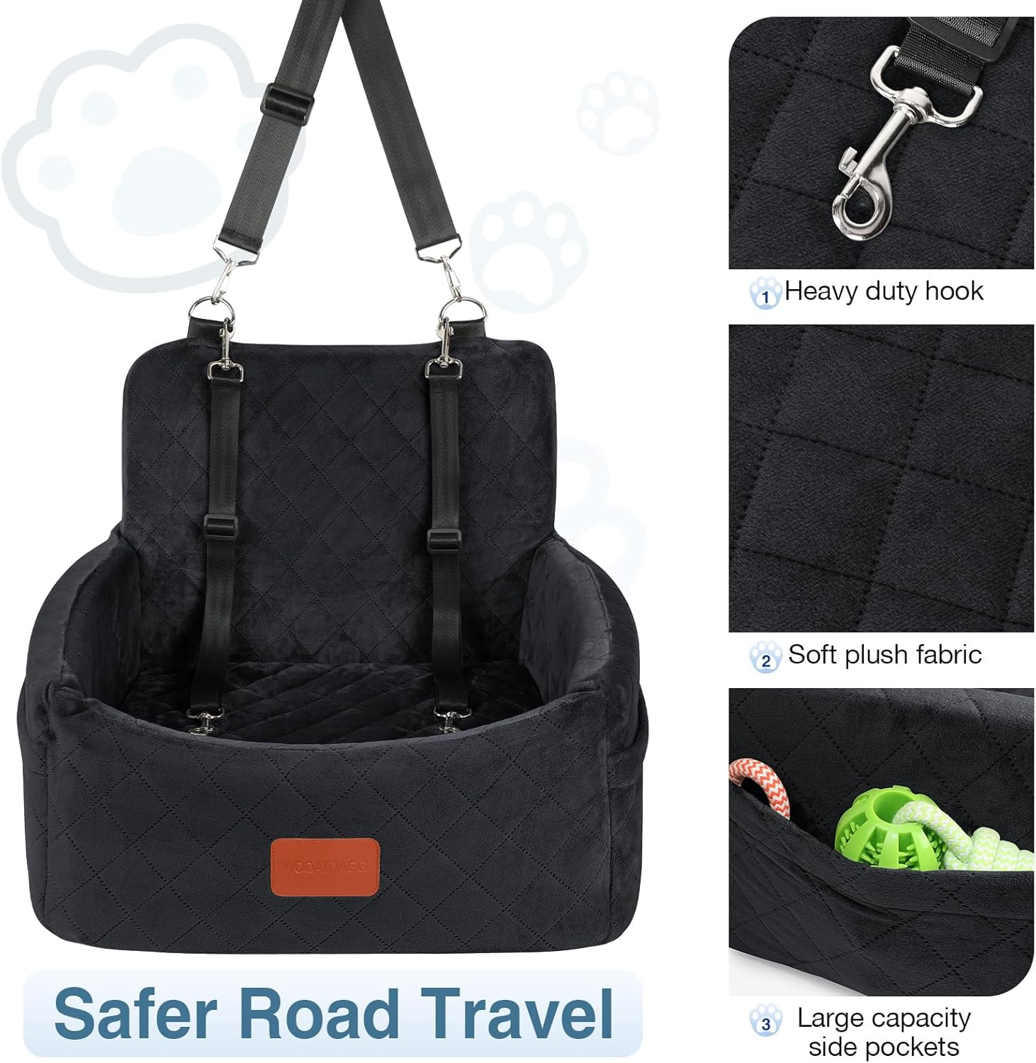 Dog Car Seat for Small Dogs under 25 Lbs, Washable Pet Travel Bed with Memory Foam, Detachable Cover, Storage Pockets & Safety Leash, Non-Slip Bottom(Black) image number 4