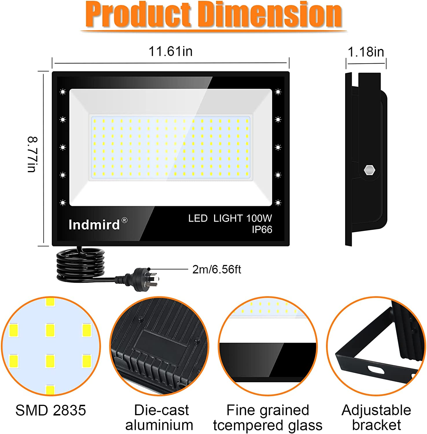 100W LED Flood Light Outdoor, Indmird 10000LM LED Floodlights 6500K Daylight White Security Lights IP66 Waterproof Led Spot Light Led Work Light for Yard,Garage,Garden,Parking Lot, Park,Playground image number 3