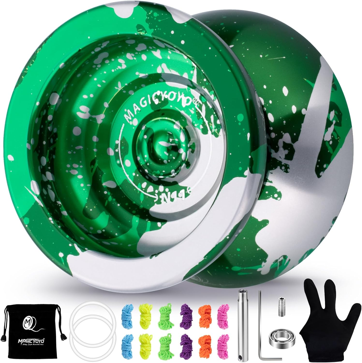 MAGICYOYO N11 Professional Unresponsive Yoyo N11 Alloy Aluminum Yoyo Ball (Black with Golden) with Bag, Glove, 12 Yoyo Strings and Responsive Yoyo Bearing Kit for Dual Purpose Use