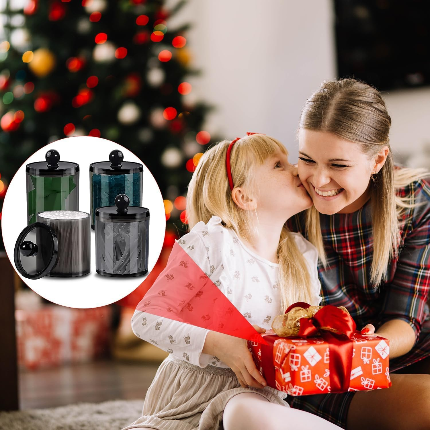 QIXIAOTOUQI 4 Pack Cotton Buds Dispenser, Cotton Pad Holder, Clear Black Cotton Swab Holder ,12 Oz Black Apothecary Jars Bathroom for Cotton Ball, Pads,Floss,Makeup Sponges,Hair Clips image number 1