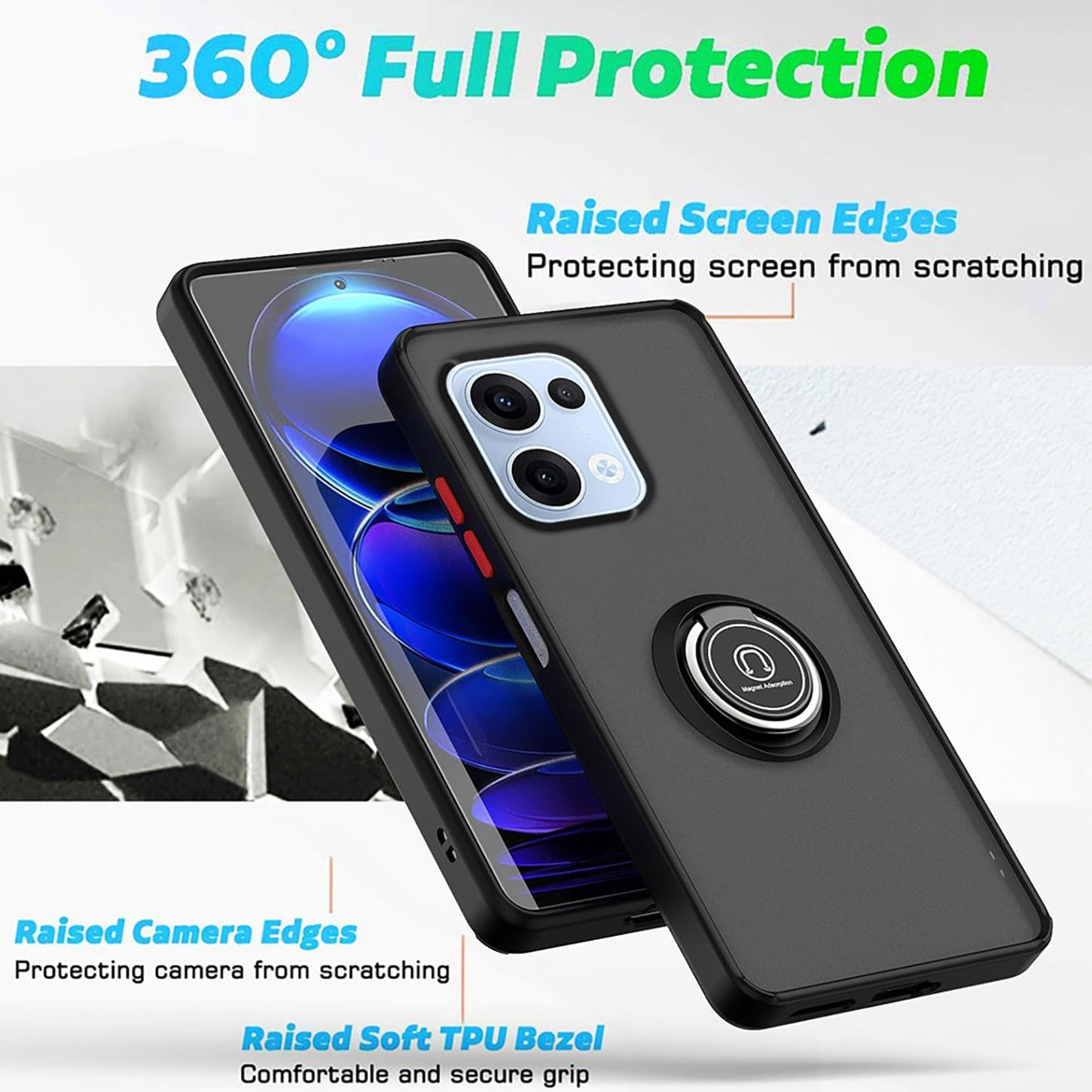ILING Mobile Phone Case for Oppo Reno 13 5G, Ultra Thin Shockproof Translucent Matte Hard PC Back Case, Soft Silicone TPU Bumper Protective Case with Ring Stand (Black) - Army Green image number 7