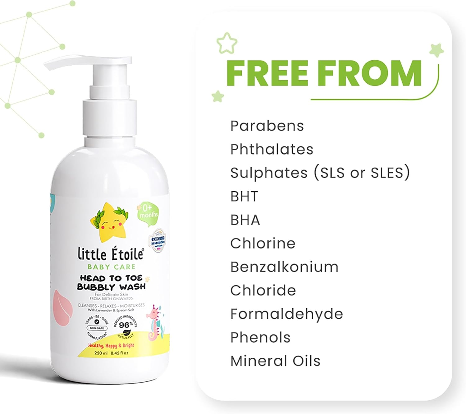 Little &Eacute;toile Head to Toe Bubbly Wash for Delicate Skin (0+ Months)​, Soothes & Nourishes with 6 Coconut-Based Cleansing Ingredients, Enriched with Lavender Extract & Epsom Salt Which Provides a Calming and Relaxing Aroma to Encourage Restfulness, 250Ml image number 6