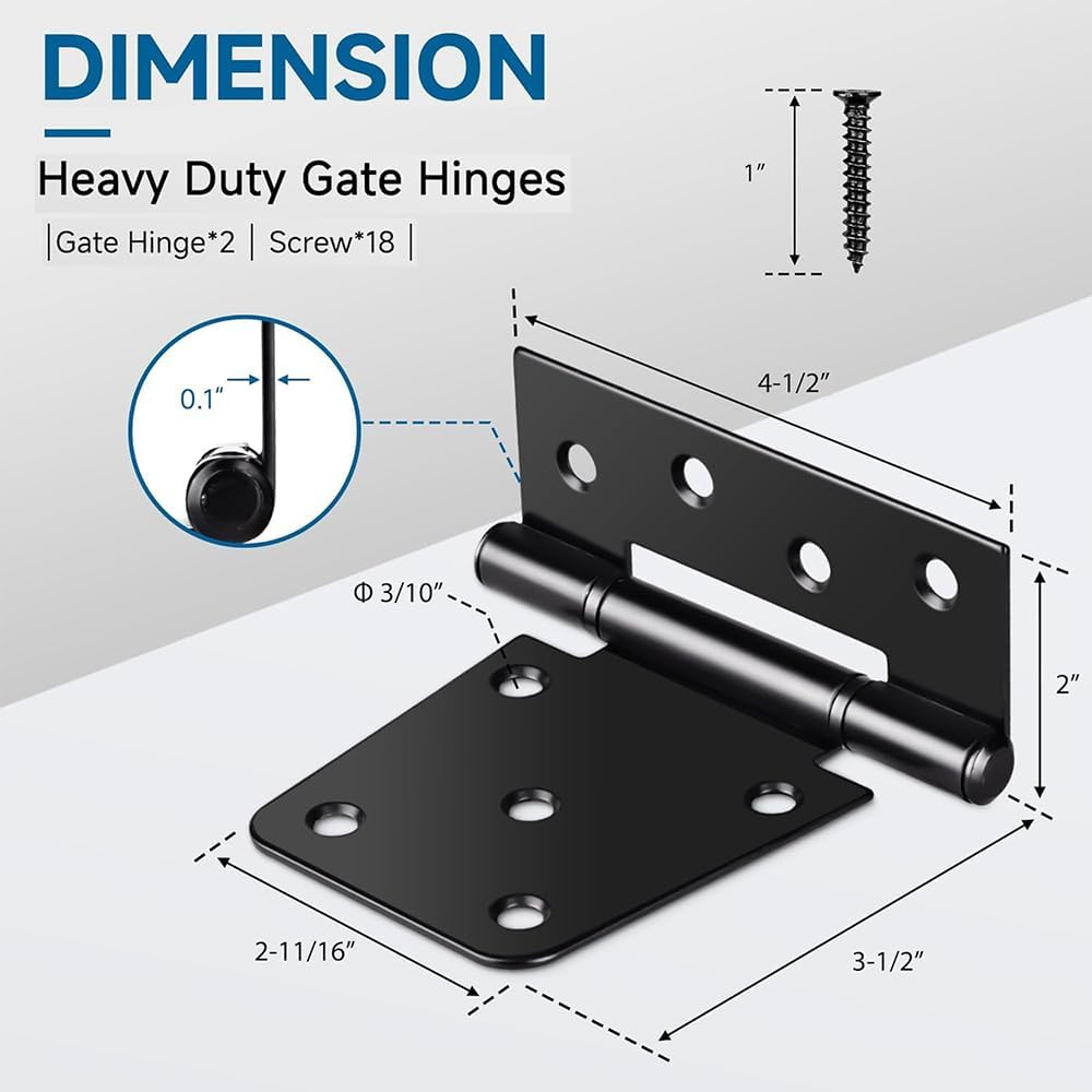 3.5 Inch Gate Hinges Heavy Duty, 2 Pack Black Iron T-Hinge Set with Mounting Hardware for Wood Fence, Barn Door and Outdoor Structures image number 2