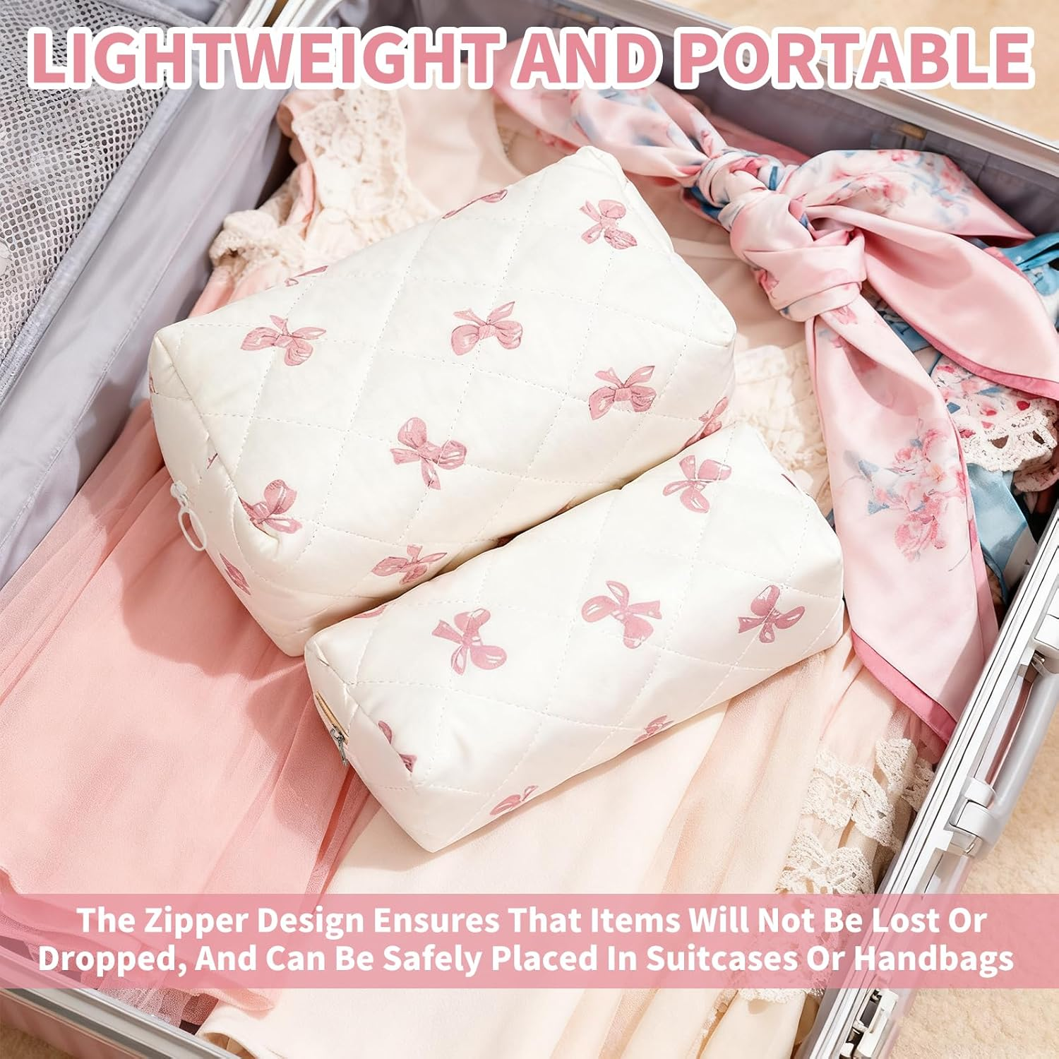 Pack of 2 Cosmetic Bags, Butterfly Knot Pattern Make up Bag with Zip, Soft Cotton Material Makeup Bag, Toiletry Bag for Women, Travel, Everyday, School (Cream White) image number 1