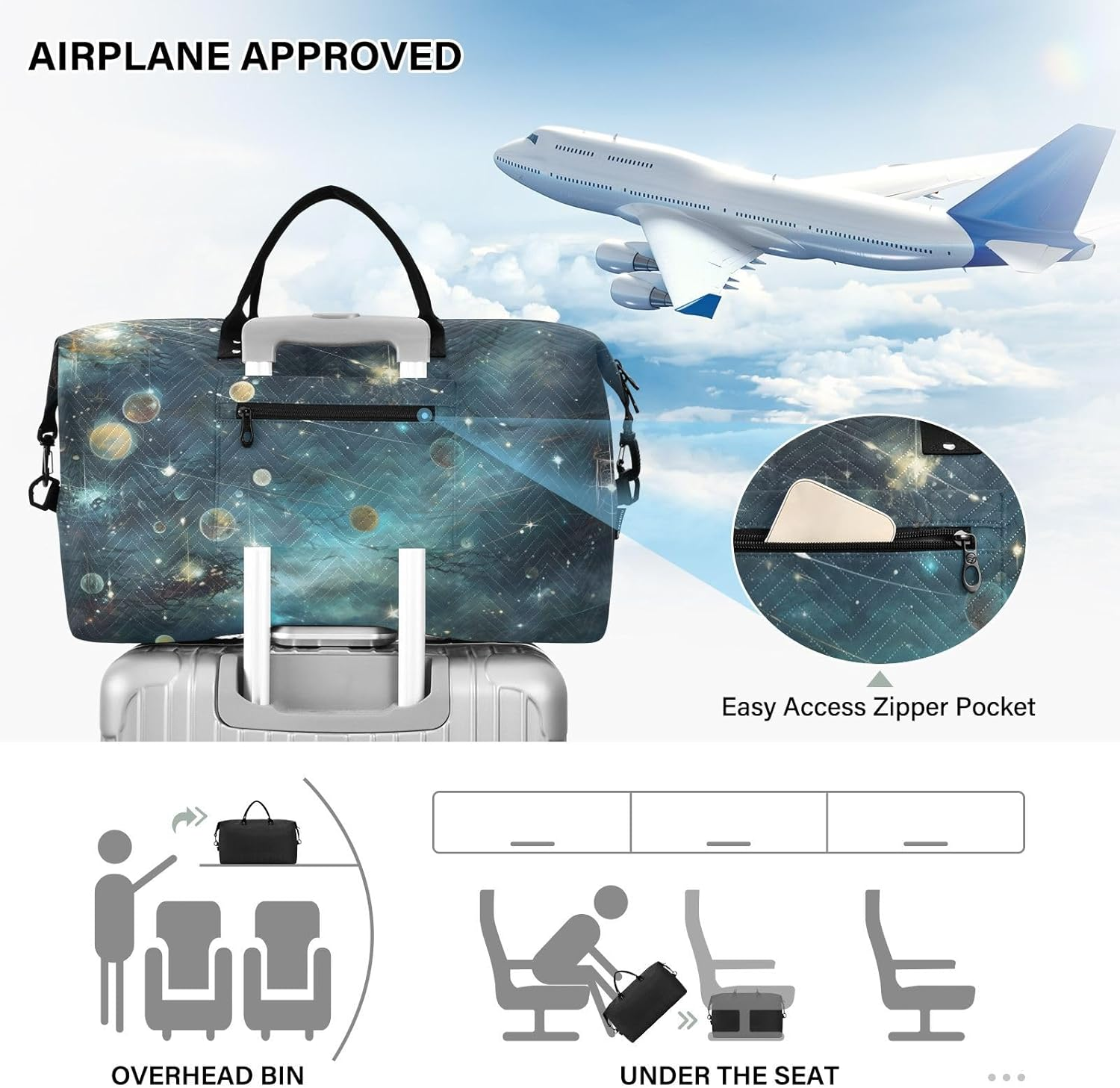 XYMZR Large Travel Duffel Bag, Space Galaxy Planet Sports Tote Gym Bag, Shoulder Weekender Overnight Bag for Women Men, Carry on Luggage with Toiletry Bags, Multi-Colored, Multi-Colored