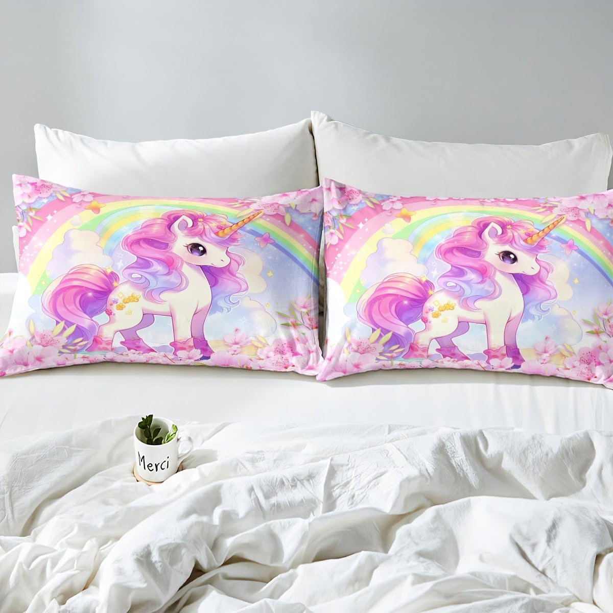 Cartoon Unicorn Kids Duvet Cover Set Queen Size,Sakura Cherry Blossom Japanese Bedding Set,Girls Women Room Decor,Rainbow Unicorn Cute Comforter Cover,Pink Purple Romantic Quilt Cover,2 Pillowcases