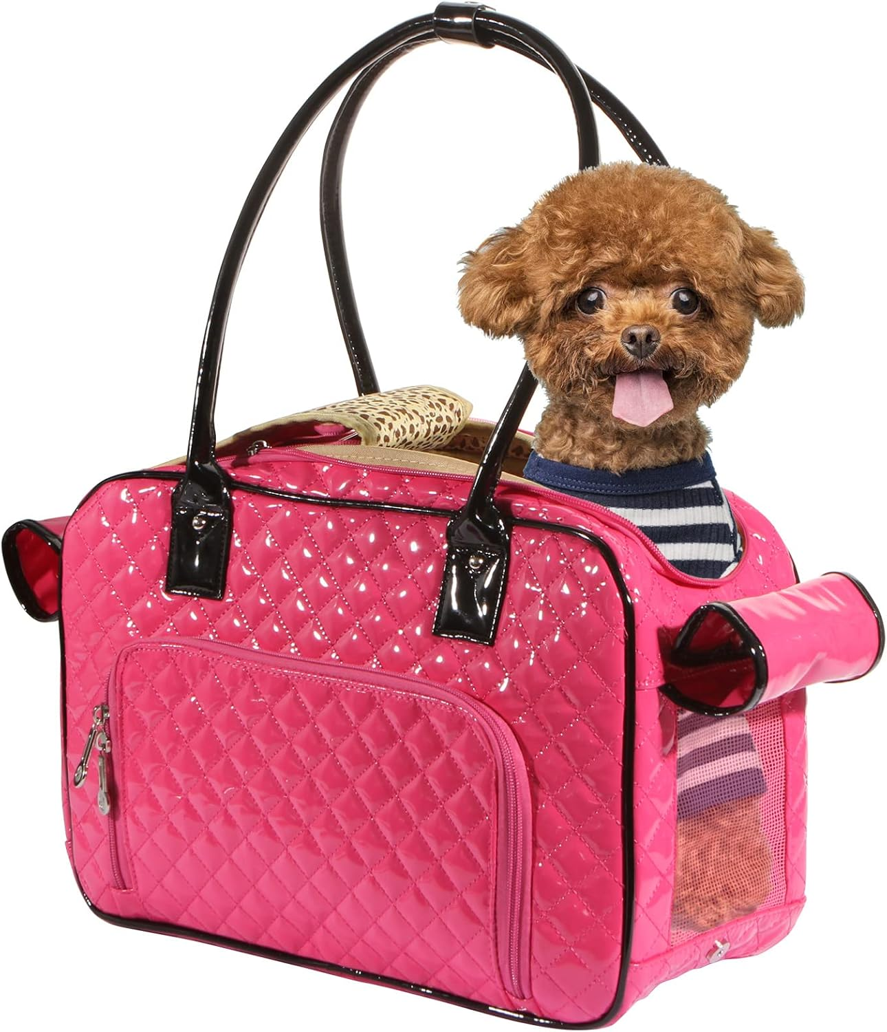 Betop House Mirror Surface Faux Leather Tote Purse Dog and Pet Carrier Travel Bag, Pink