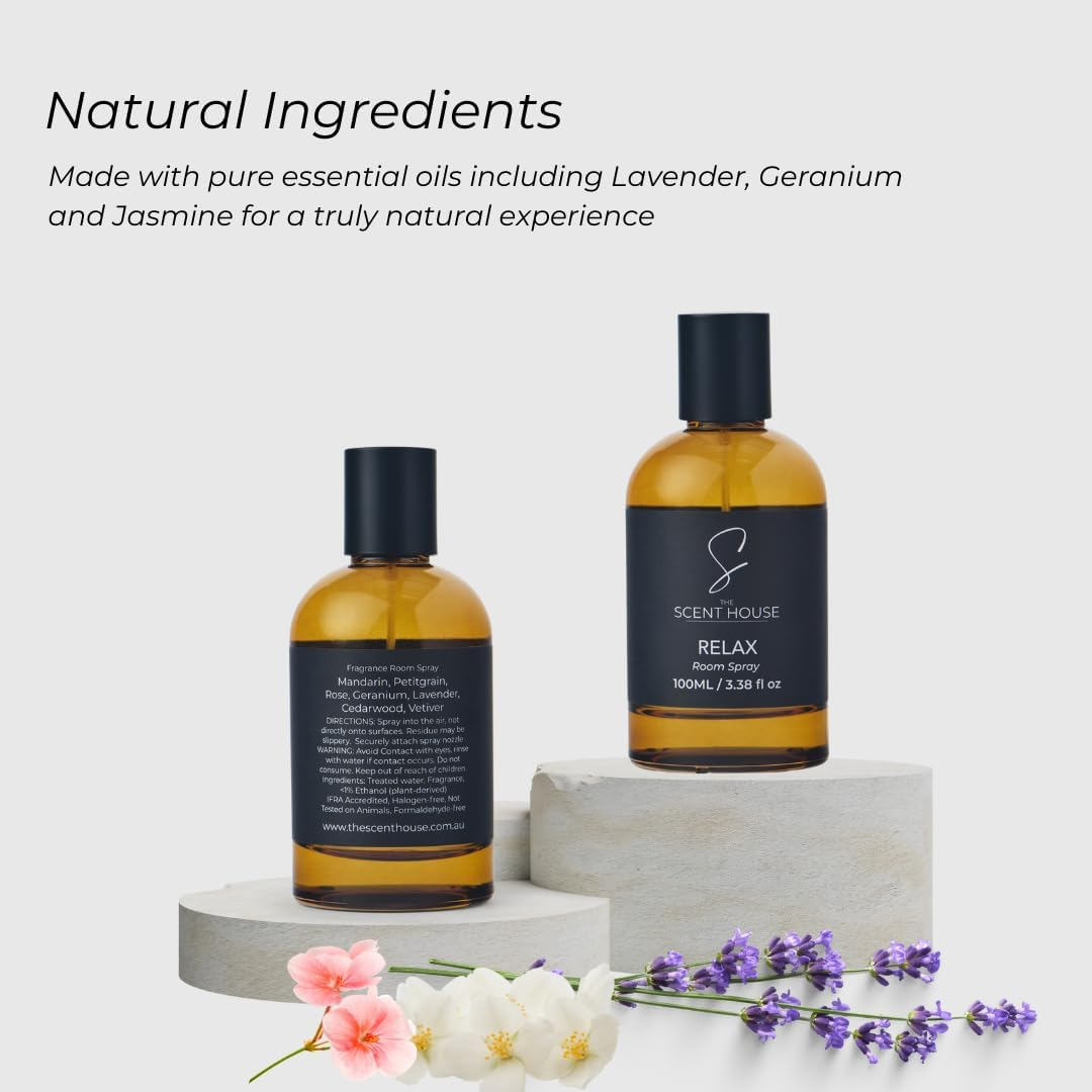 The Scent House Relax Room Spray - 100Ml | Essential Oils Inc. Lavender & Jasmine for Calm & Relaxation. Air Freshener/Pillow Mist/Linen Spray. No Artificial Fragrances/Harmful Chemicals image number 3