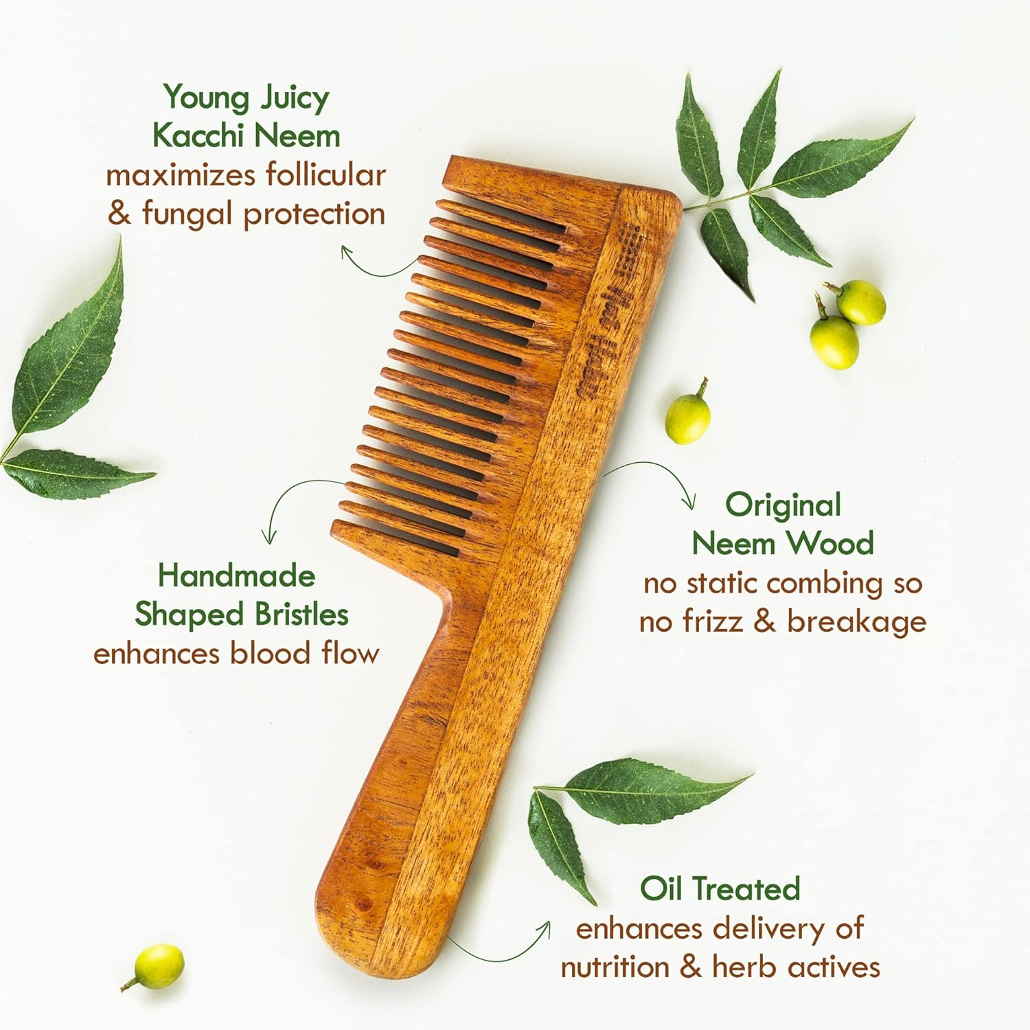 Nat Habit Kacchi Neem Wooden Comb, Soaked in 13 Herbs Neem, Seasame Oil for Multi-Actions Detangling, Frizz Control & Shine (Dual Tooth & Fine Tooth) Combo Pack of 2 image number 2