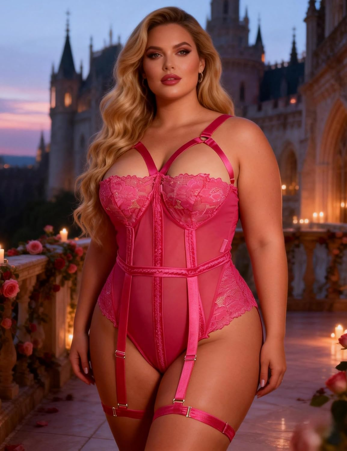 Ohmydear Women'S Lingerie Sets with Garter Belt Sexy Lace Bodysuit plus Size Strappy Teddy Babydoll Snap Crotch Underwear Set with Thigh Cuffs Size 8-22 image number 5