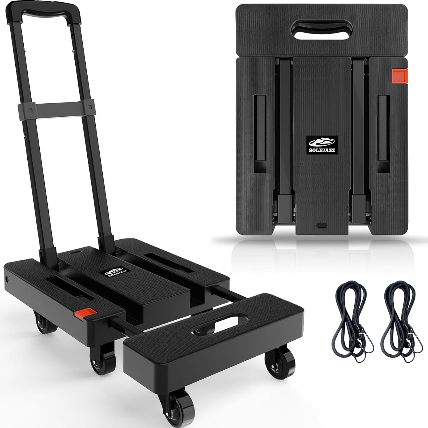 SOLEJAZZ Folding Hand Truck Portable Dolly for Moving, 500LB Luggage Cart Dolly with 6 Wheels & 2 Bungee Cords for Travel, Moving, Shopping Use, Black