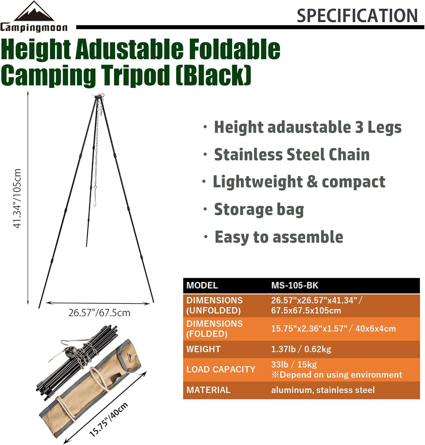 CAMPINGMOON Camping Campfire Tripod with Carrying Bag Portable Lightweight Aluminum 41.3-Inch Height Stainless Steel Chain image number 3