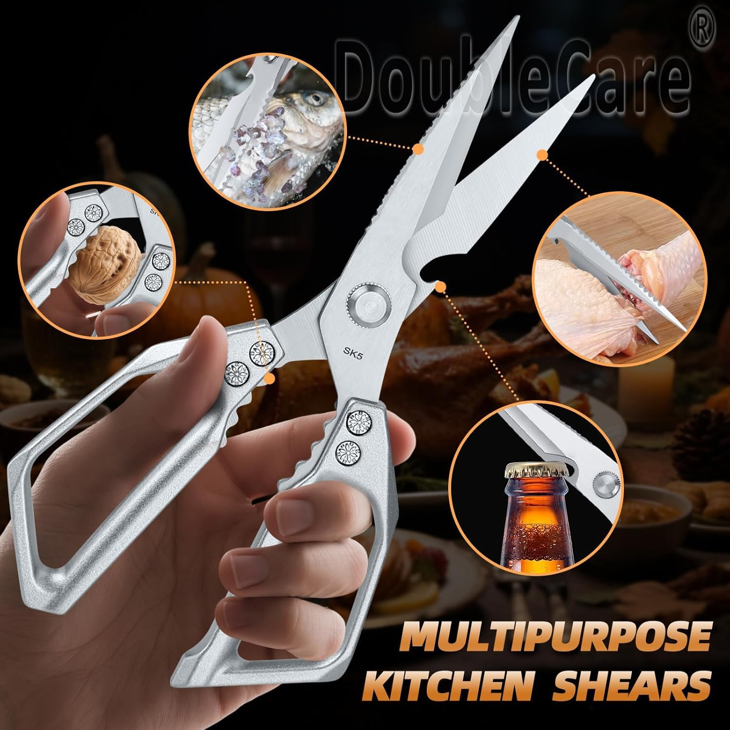2PCS Kitchen Scissors, 9.06" Utility All Purpose Metal Handle Poultry Shears, Sharp Stainless Steel Cooking Food Scissors, Heavy Duty Dishwasher Safe, for Cutting Meat, Chicken, Turkey, Nuts, Fish image number 3