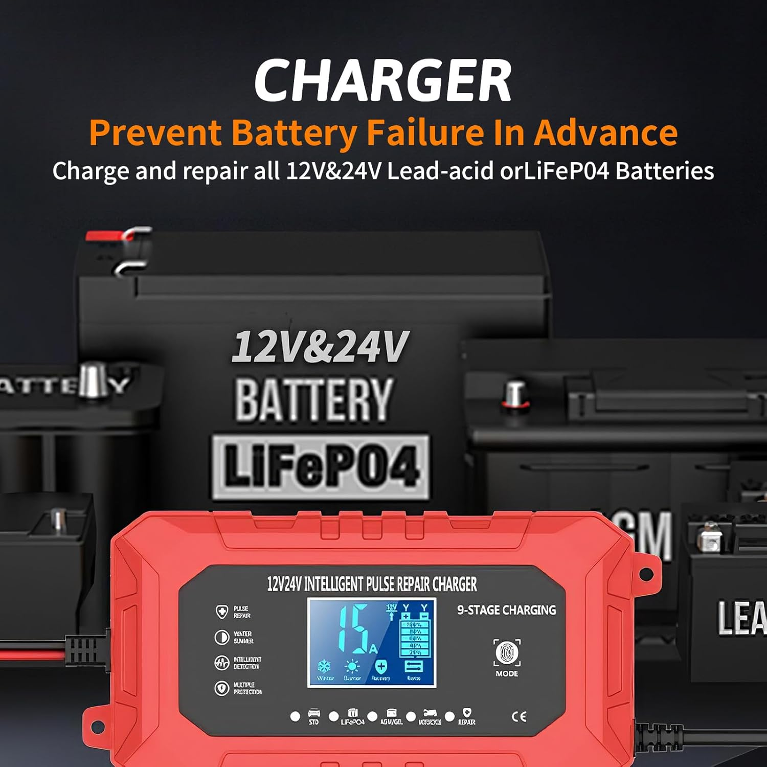 7JI 15-Amp Car Battery Charger Trickle Charger Car AU Plug, 12V/24V Smart Fully-Automatic Battery Maintainer for Car Truck Motorcycle Lawn Mower Boat Marine with Temperature Compensation LCD Display