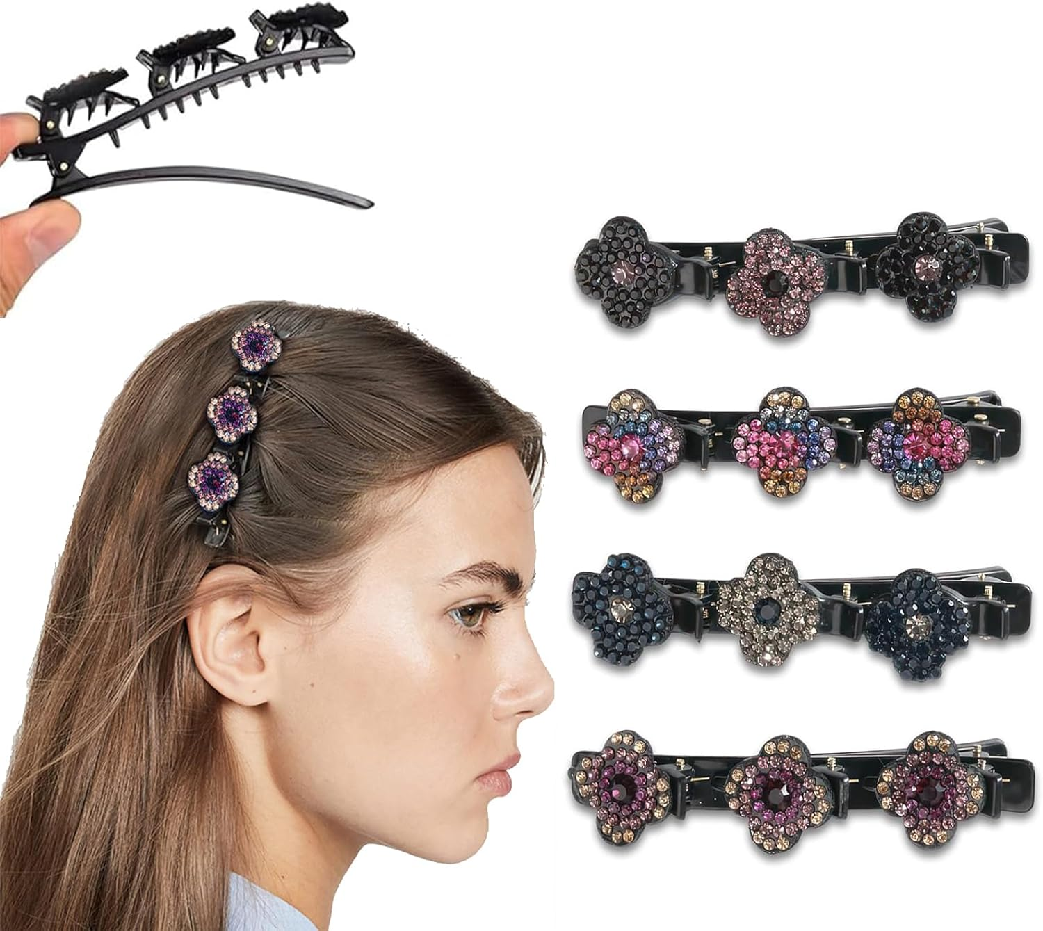 Pack of 4 Double Layer Hair Clips, Braided Hair Clips, Hair Clips with Sparkling Crystal Stones, Elegant Hair Styling Clips, Rhinestone Hair Clip, Double Layer Hair Clips for Women and Girls image number 4
