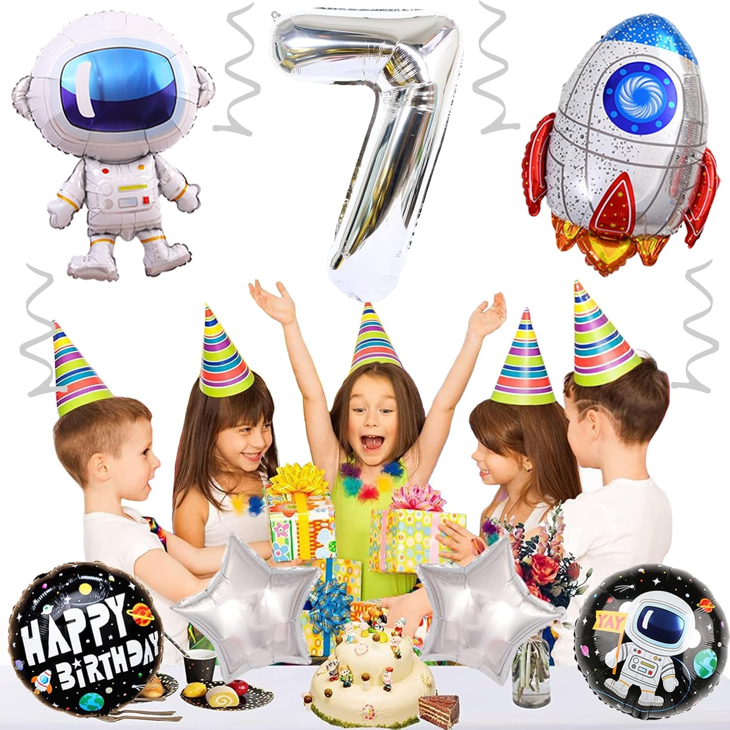 Weenkeey 7Th Birthday Space Balloons Giant Astronaut Rocket Foil Balloons Silver Number 7 Helium Balloon 7Th Birthday Balloons Spaceman Mylar Balloon for Boy Birthday Party image number 1