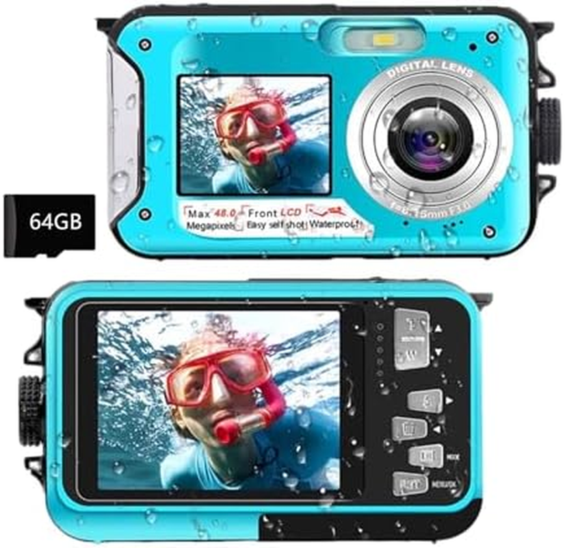 4K 56MP Underwater Camera, 10FT Waterproof Camera Dual-Screen Selfie Camera with 64GB TF Card, Auto Focus, 16X Digital Zoom, for Snorkeling (Blue)