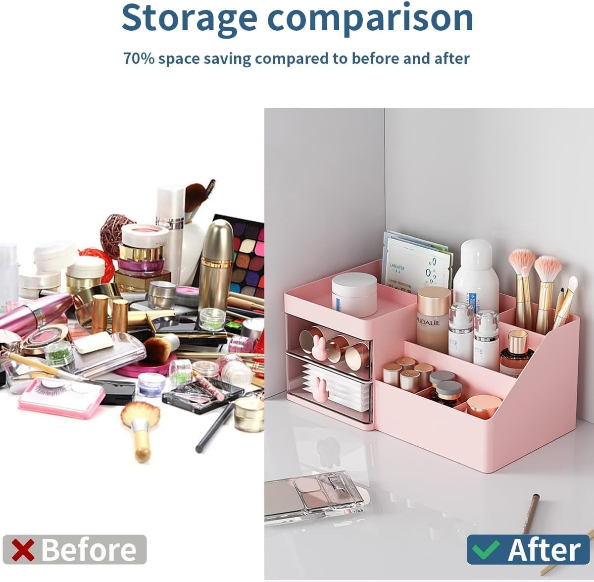 Makeup Table, Bathroom, Cosmetics Organizer, Clear Drawer, Cosmetics Storage, Display Box, Brush Holder, Tabletop, Plastic Makeup Box, Beauty Organization, Skincare, Lipstick, Jewelry, Pink (PK) image number 1