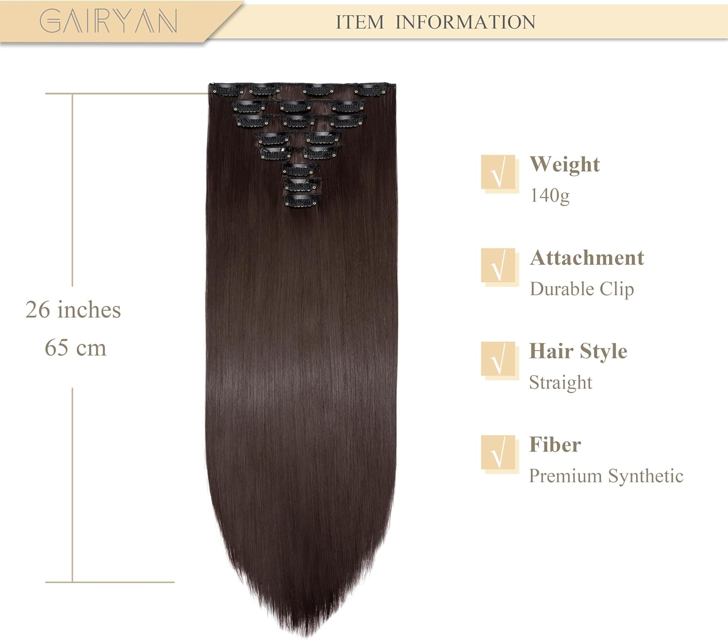 Gairyan 26Inch Straight Clip in Hair Extensions Long Full Head Hair Extension 8PCS Synthetic Hairpiece Natural Soft for Women (Medium Brown) image number 2