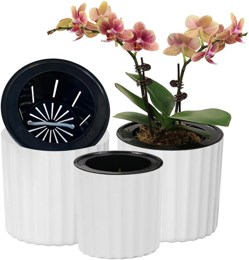 MUZHI Orchid Pot with Net and Holes, round Self Watering Planter Pot for Indoor Plants and Flowers 3 Sets White image number 6