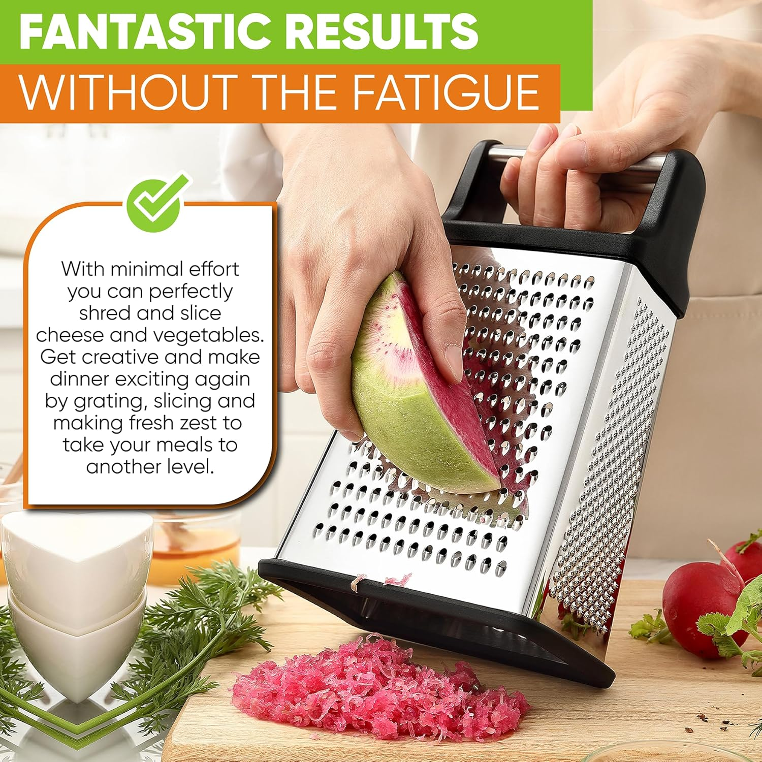 Professional Box Grater, Stainless Steel with 4 Sides, Best for Parmesan Cheese, Vegetables, Ginger, XL Size, Black image number 7