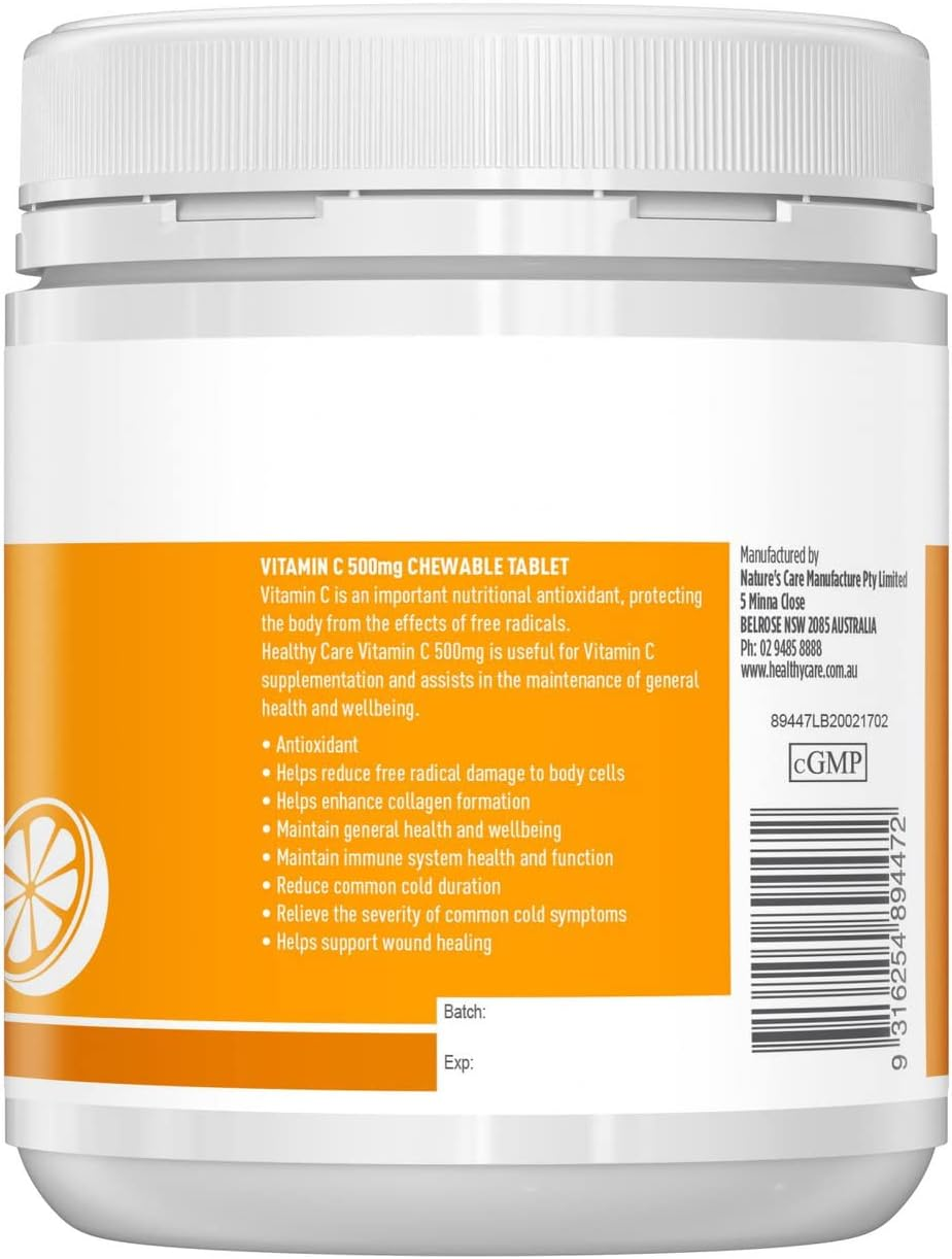 Healthy Care Vitamin C Chewable Tablets - Supports Skin Health an Improves Immunity - Antioxidant Support - Premium Quality Dietary Supplement - 300 Tablets - 500 Mg image number 3